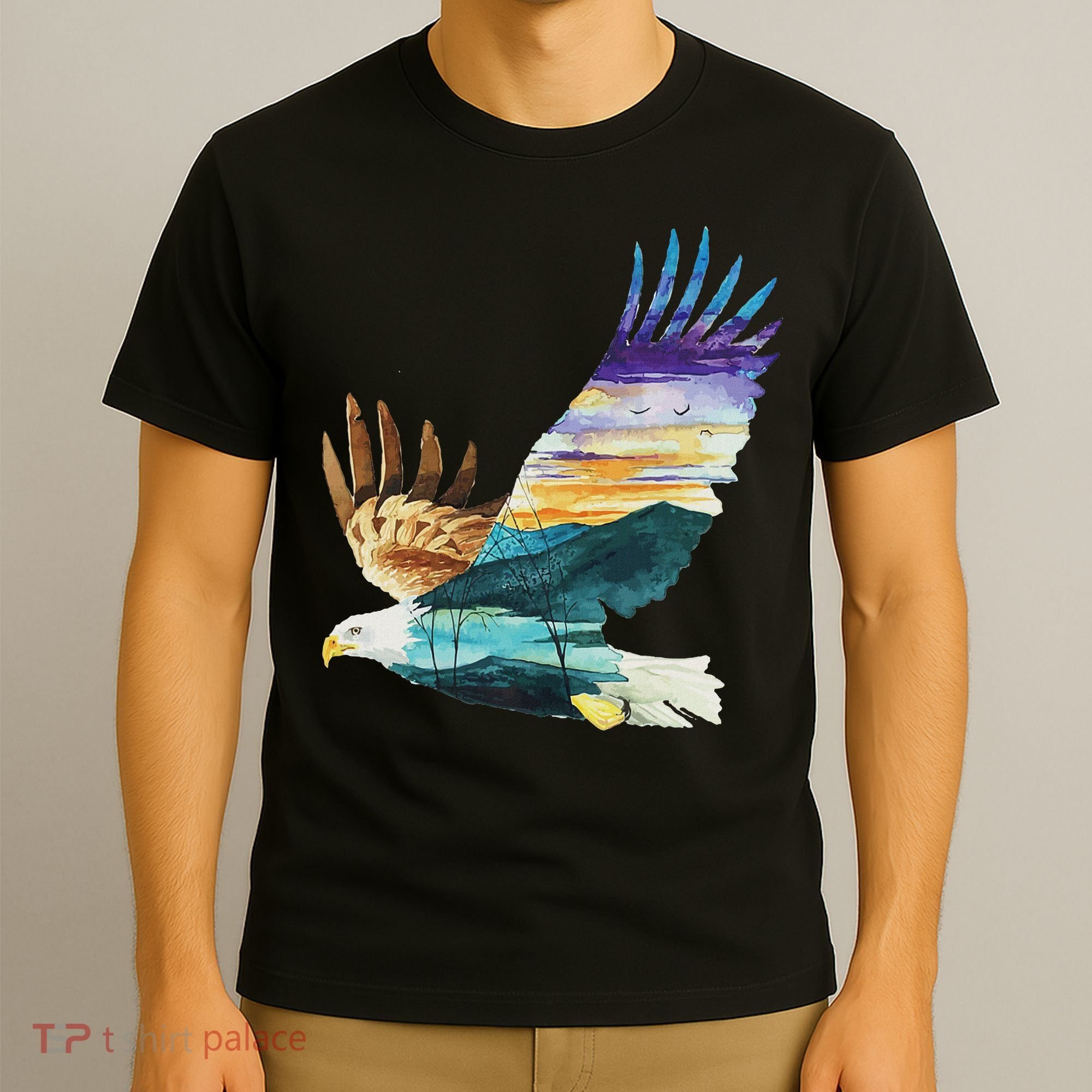Flying Bald Eagle Mountain Sky Scenary Silhouette T-Shirt