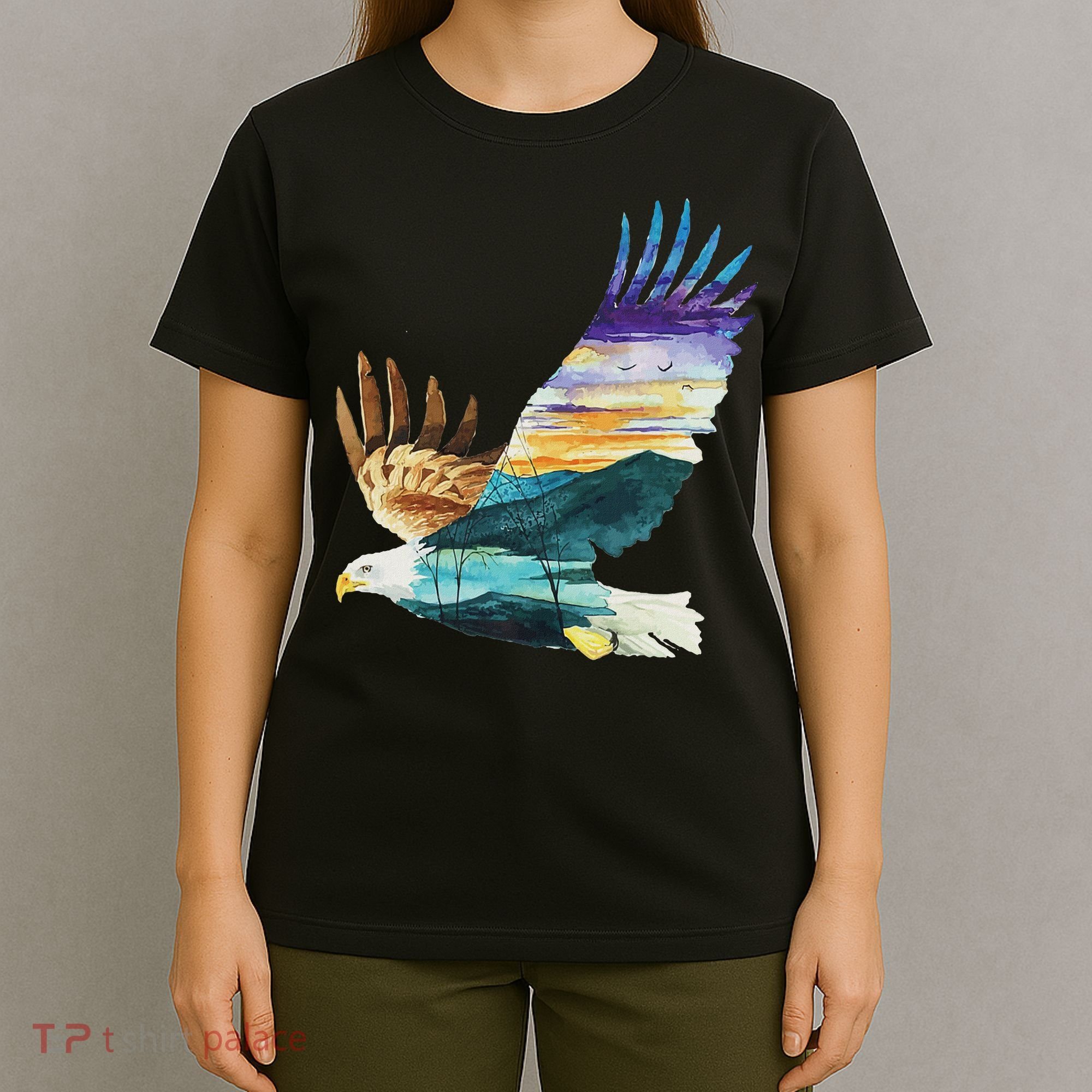 Flying Bald Eagle Mountain Sky Scenary Silhouette T-Shirt