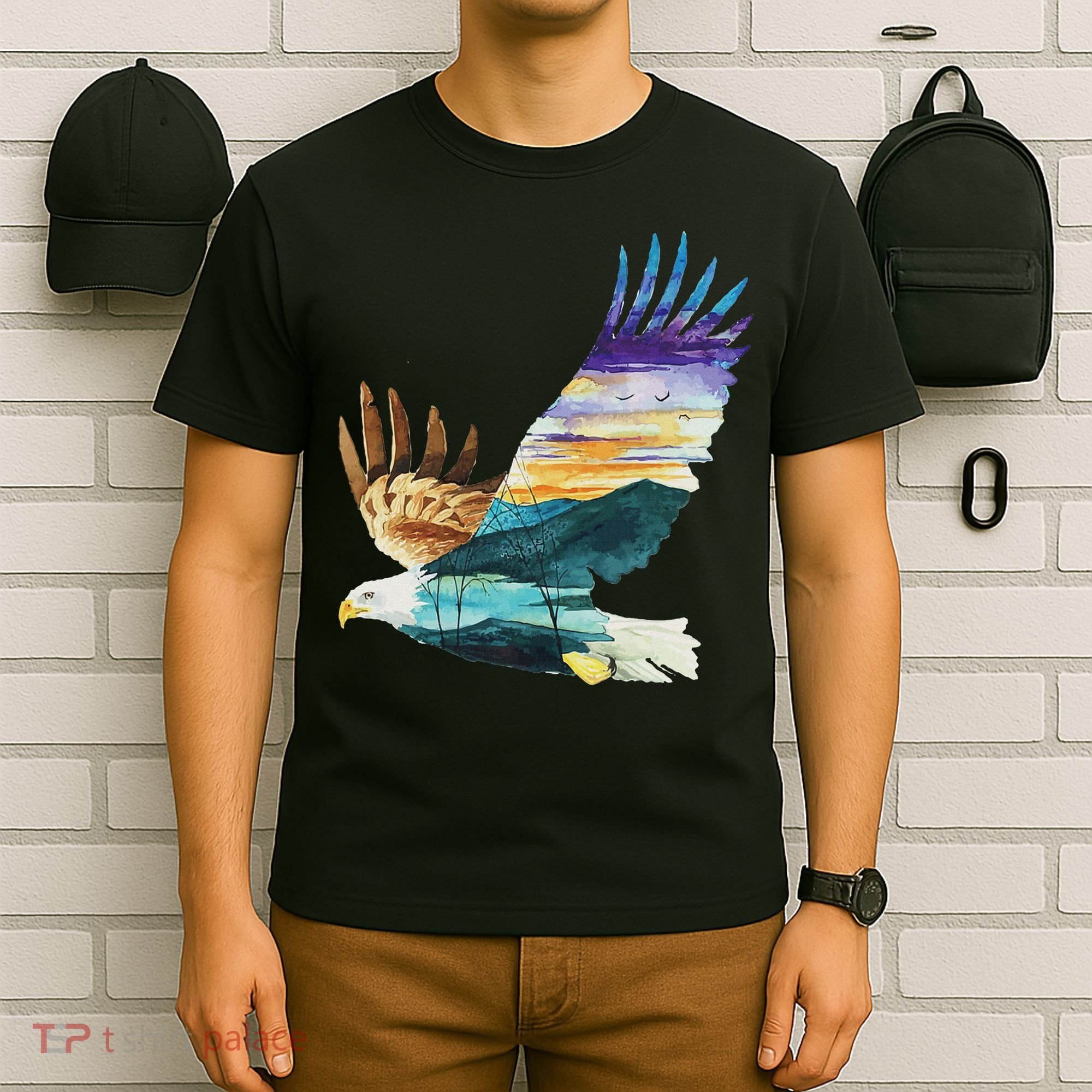 Flying Bald Eagle Mountain Sky Scenary Silhouette T-Shirt