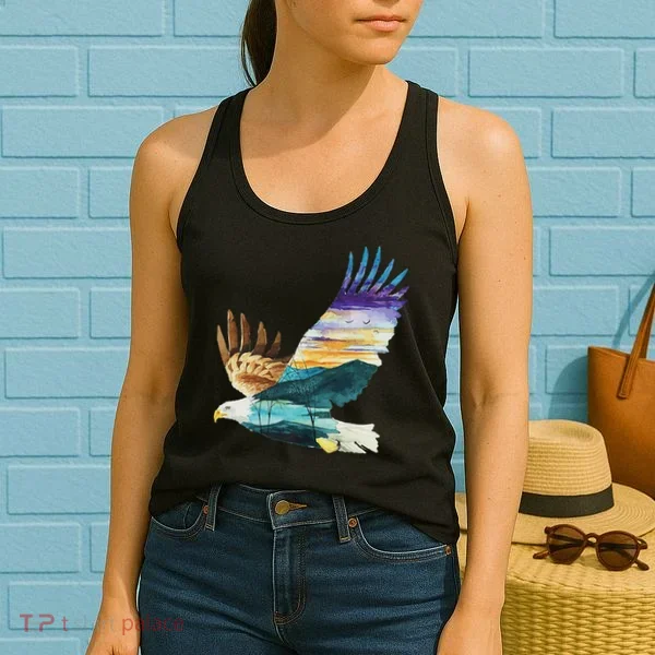 Flying Bald Eagle Mountain Sky Scenary Silhouette Women's Tank Top