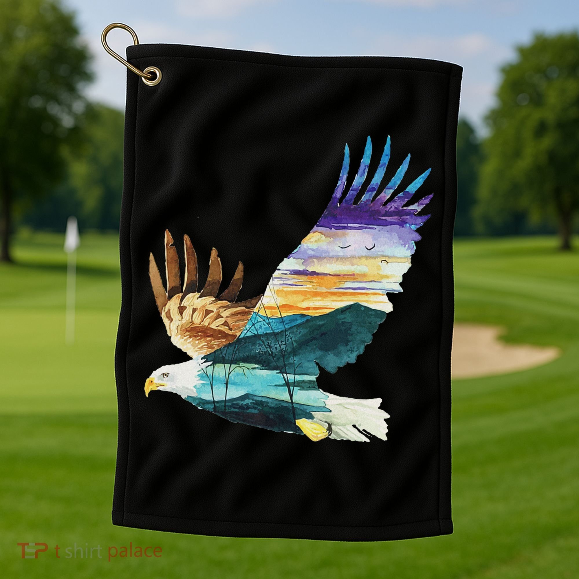 Flying Bald Eagle Mountain Sky Scenary Silhouette Golf Towel
