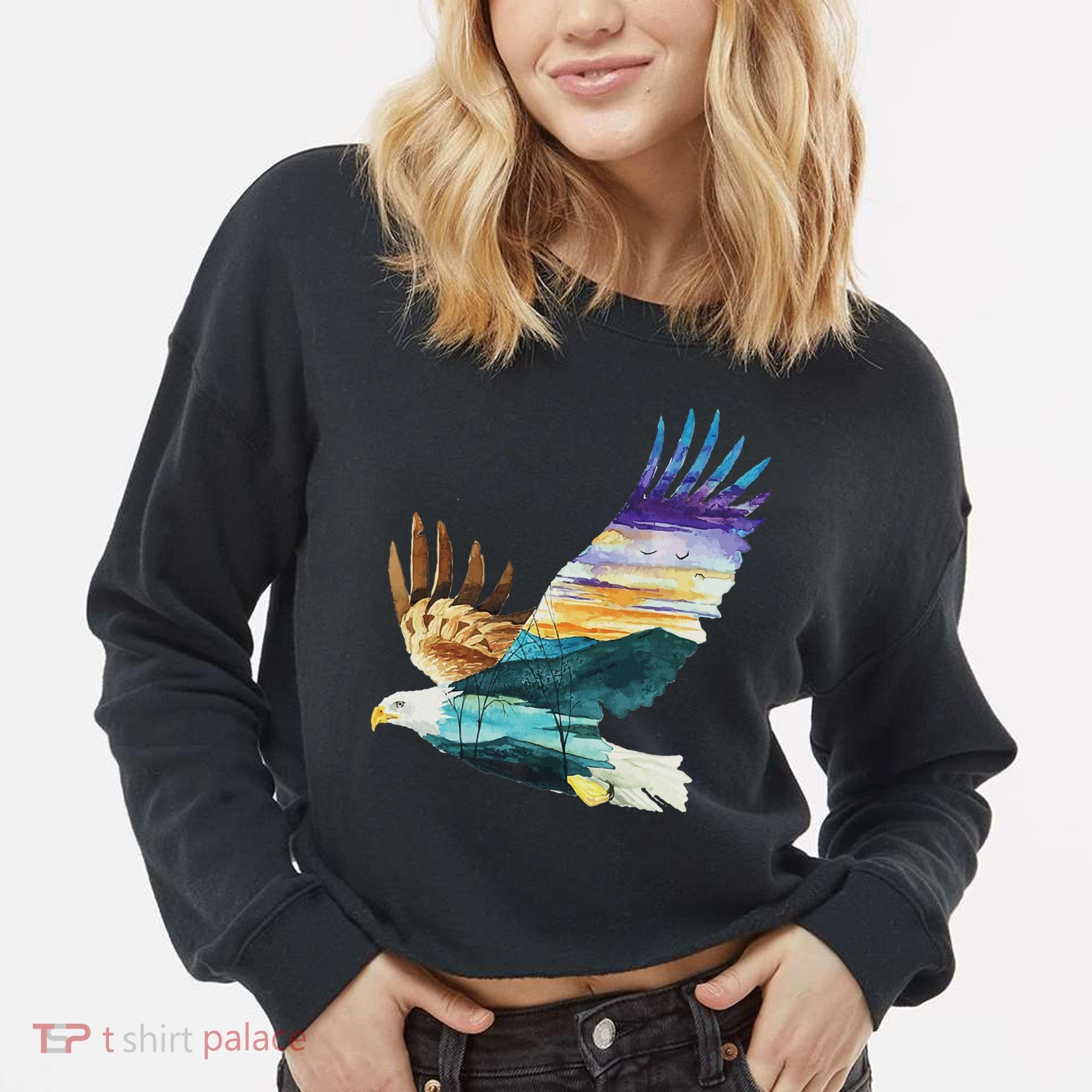 Flying Bald Eagle Mountain Sky Scenary Silhouette Cropped Pullover Crew