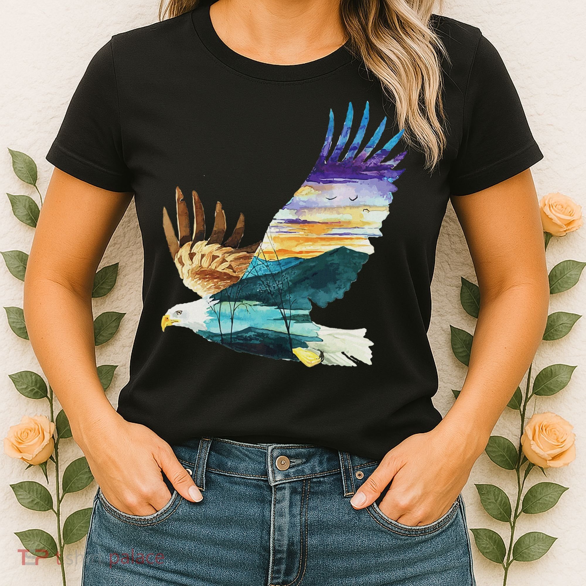 Flying Bald Eagle Mountain Sky Scenary Silhouette Women's T-Shirt