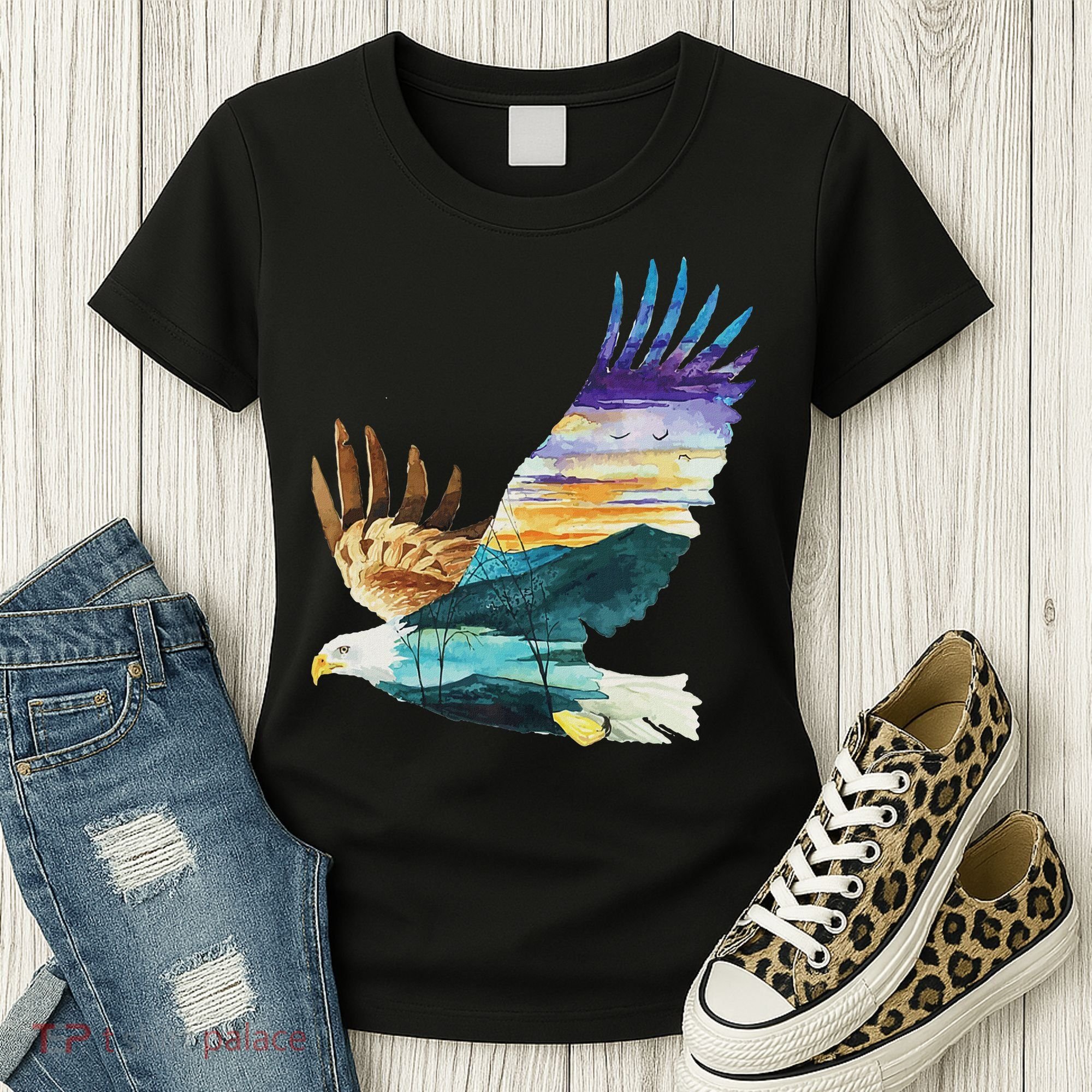 Flying Bald Eagle Mountain Sky Scenary Silhouette Women's T-Shirt