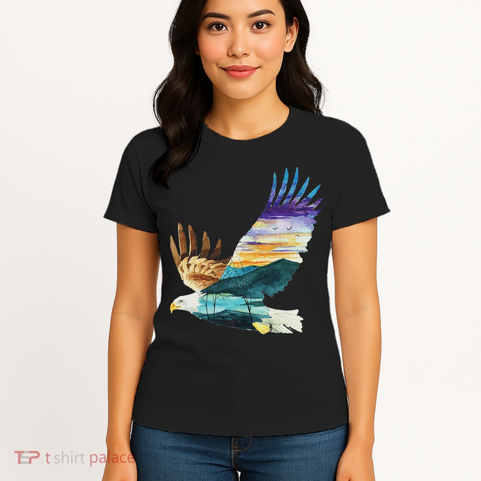 Flying Bald Eagle Mountain Sky Scenary Silhouette Women's T-Shirt