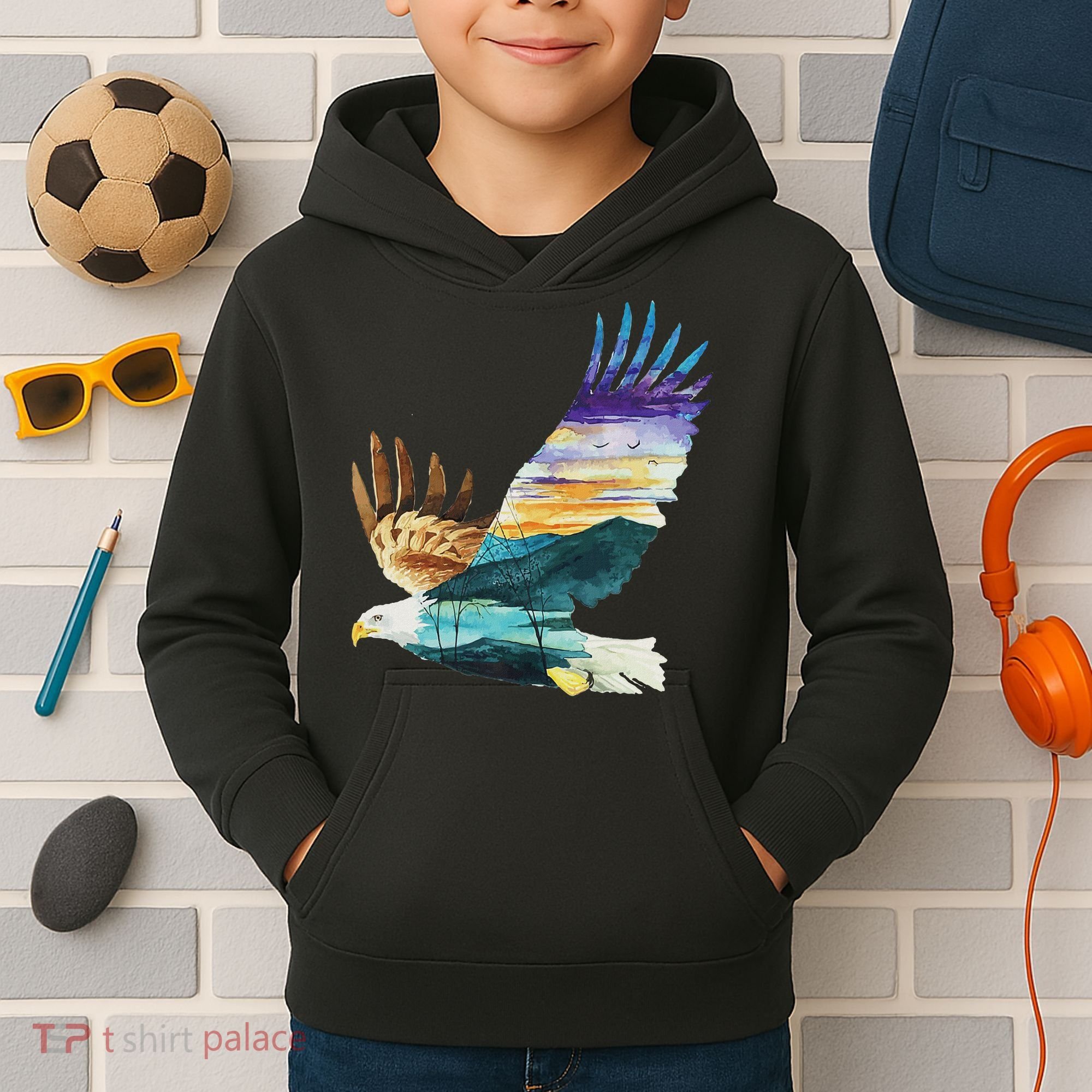 Flying Bald Eagle Mountain Sky Scenary Silhouette Kids Hoodie