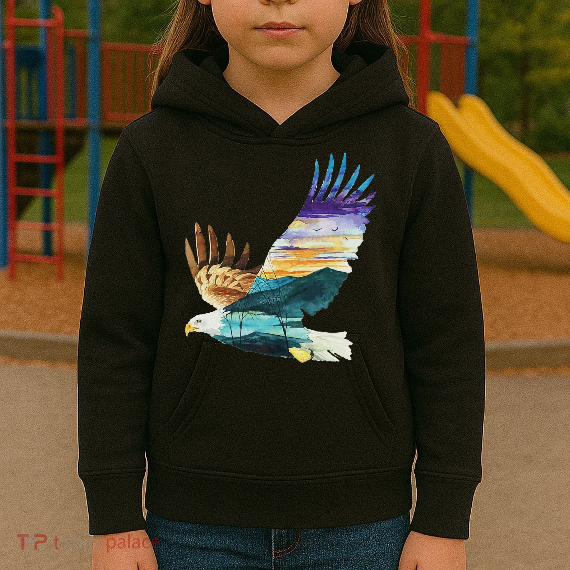 Flying Bald Eagle Mountain Sky Scenary Silhouette Kids Hoodie