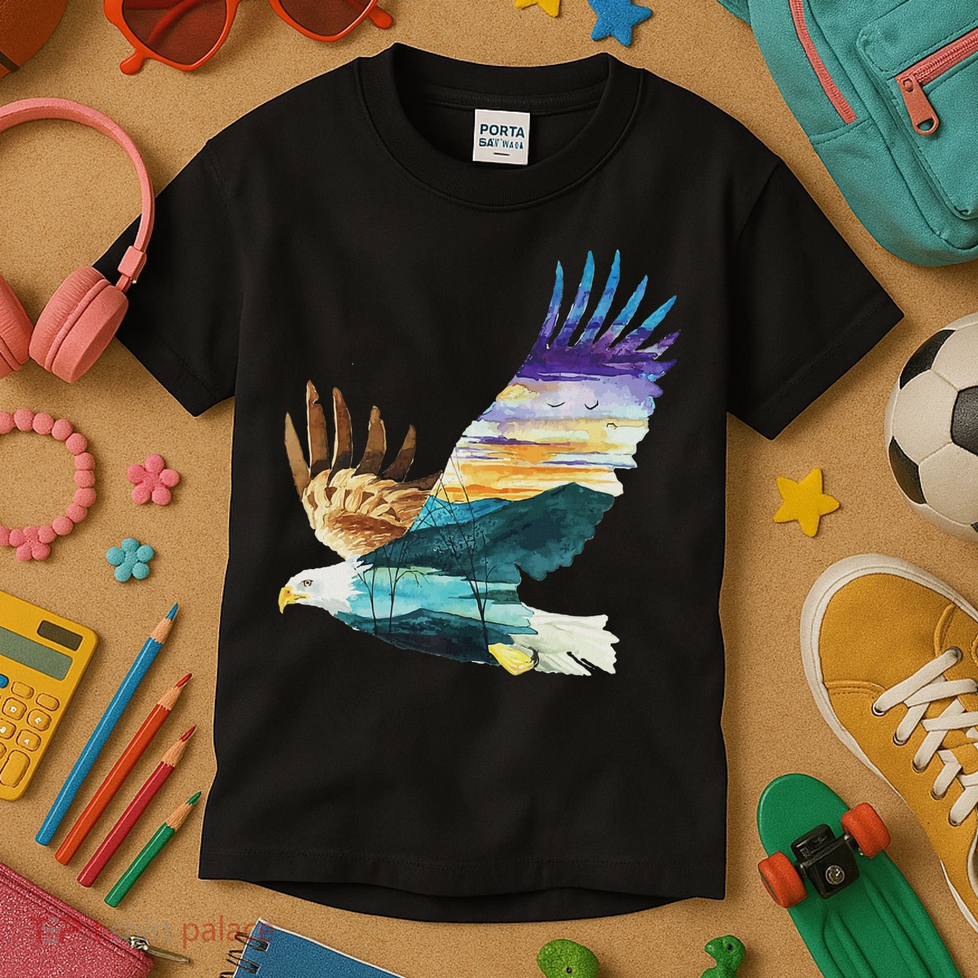 Flying Bald Eagle Mountain Sky Scenary Silhouette Kids T-Shirt