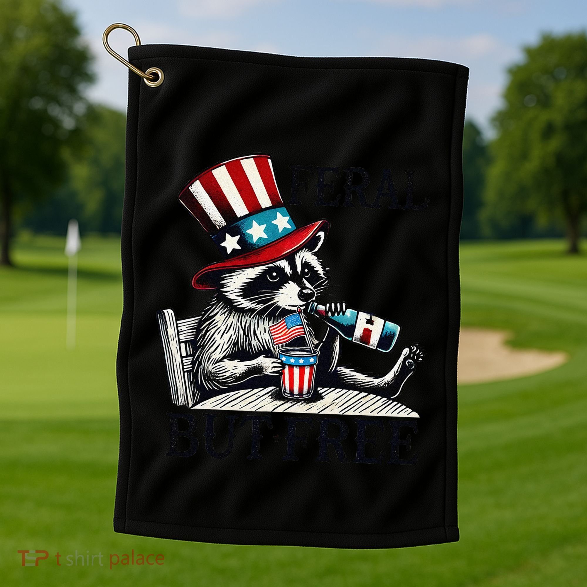 Feral But Free Patriotic Raccoon Funny Usa Golf Towel