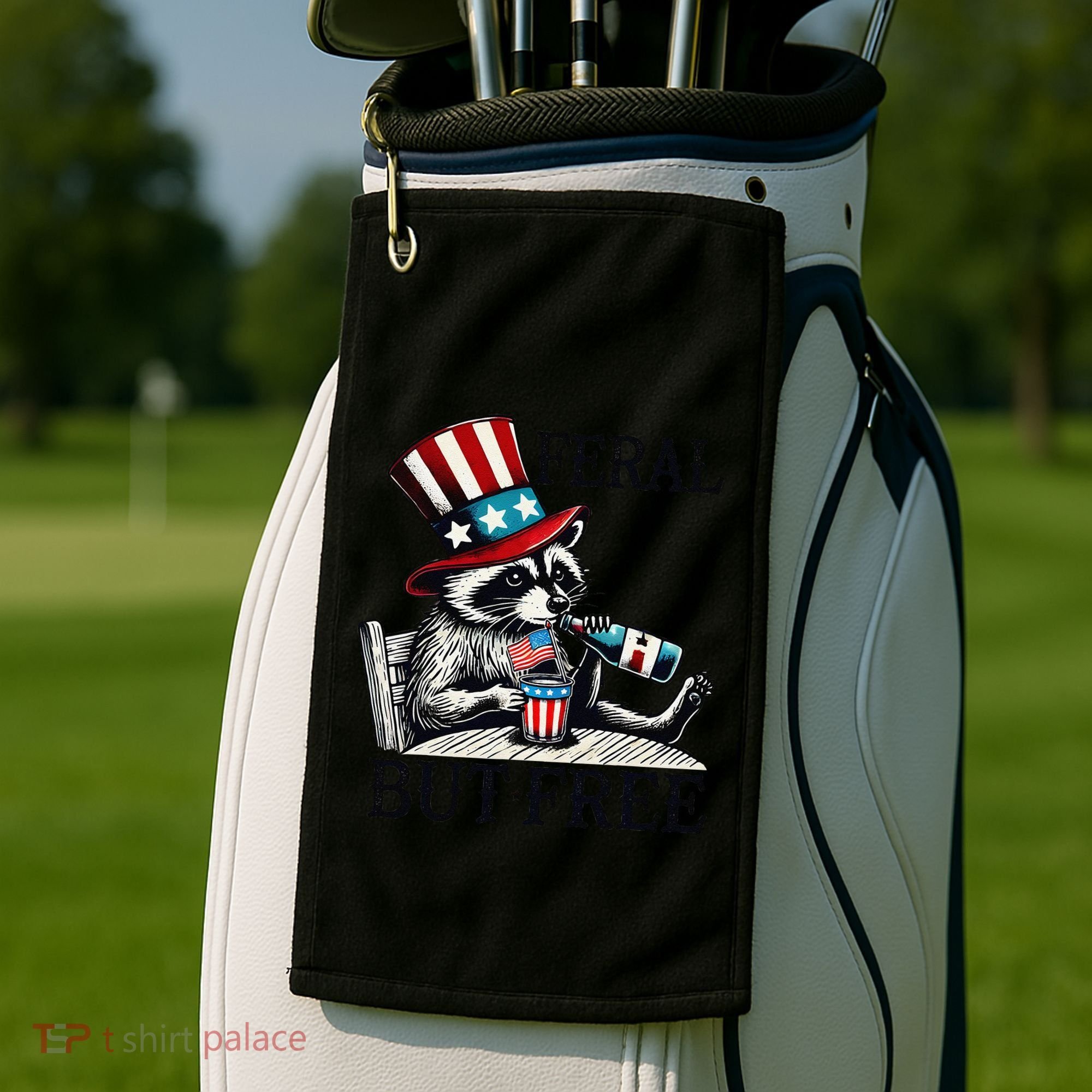 Feral But Free Patriotic Raccoon Funny Usa Golf Towel