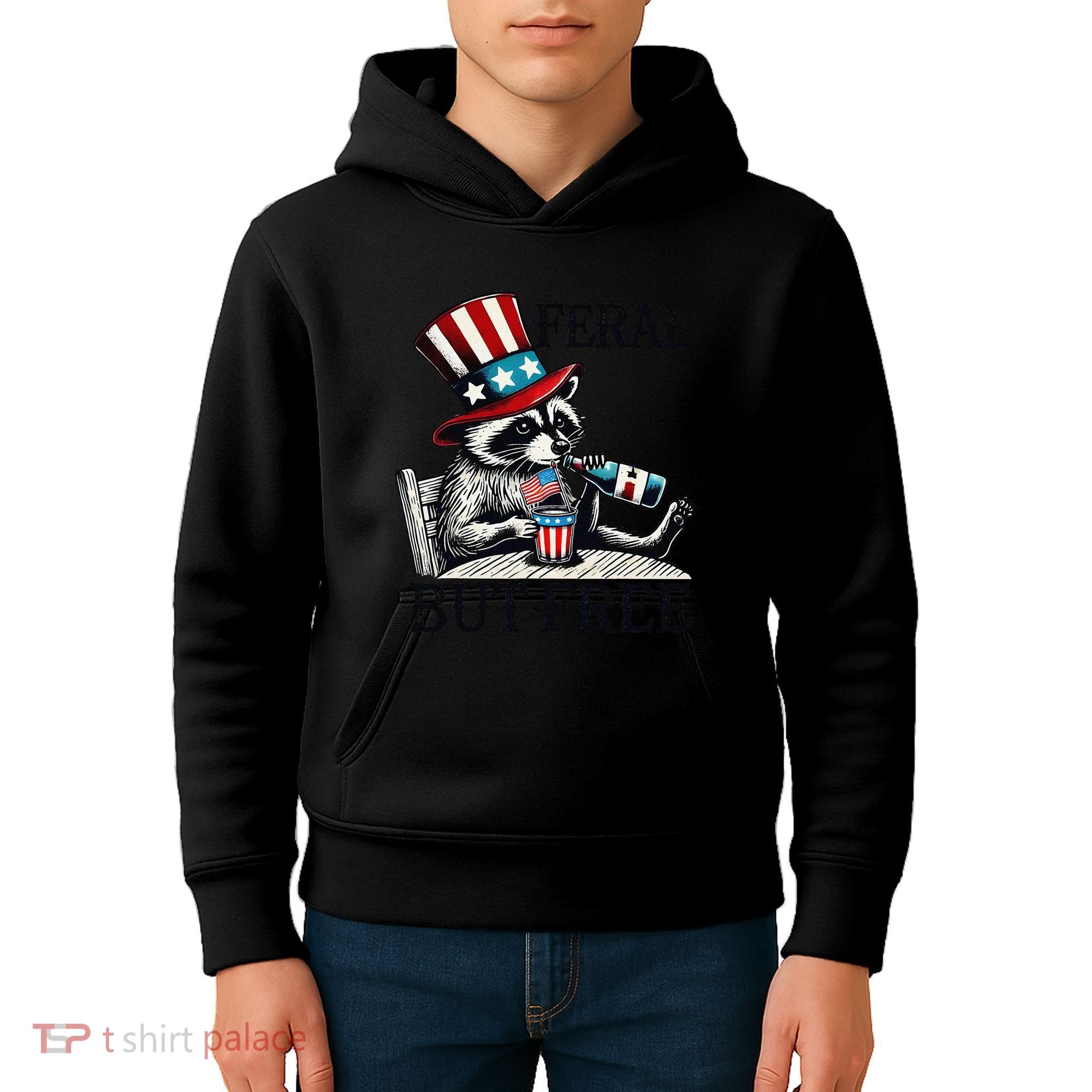 Feral But Free Patriotic Raccoon Funny Usa Kids Hoodie