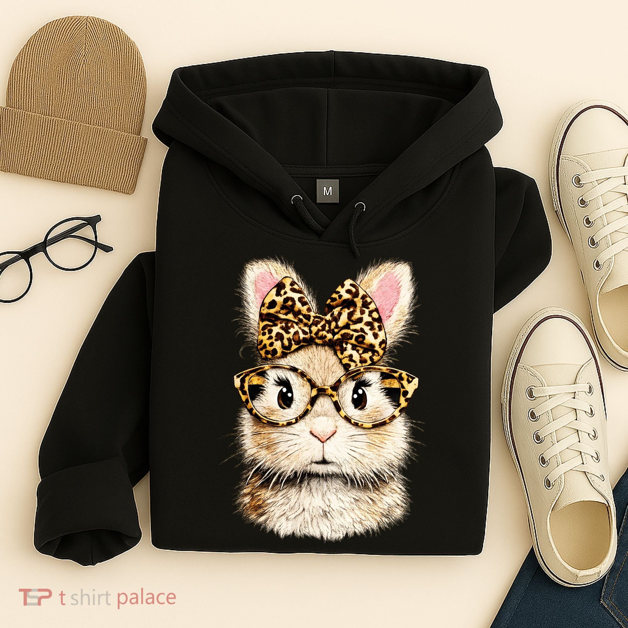 Funny Bunny Face Glasses Leopard Rabbit Easter Hoodie