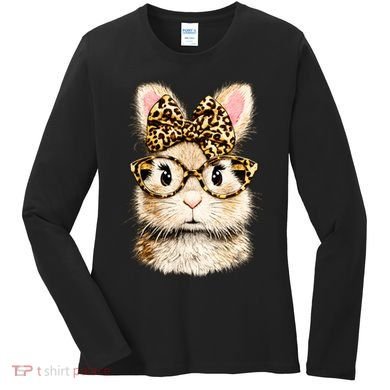 Funny Bunny Face Glasses Leopard Rabbit Easter Women's Long Sleeve Shirt