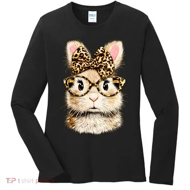 Funny Bunny Face Glasses Leopard Rabbit Easter Women's Long Sleeve Shirt