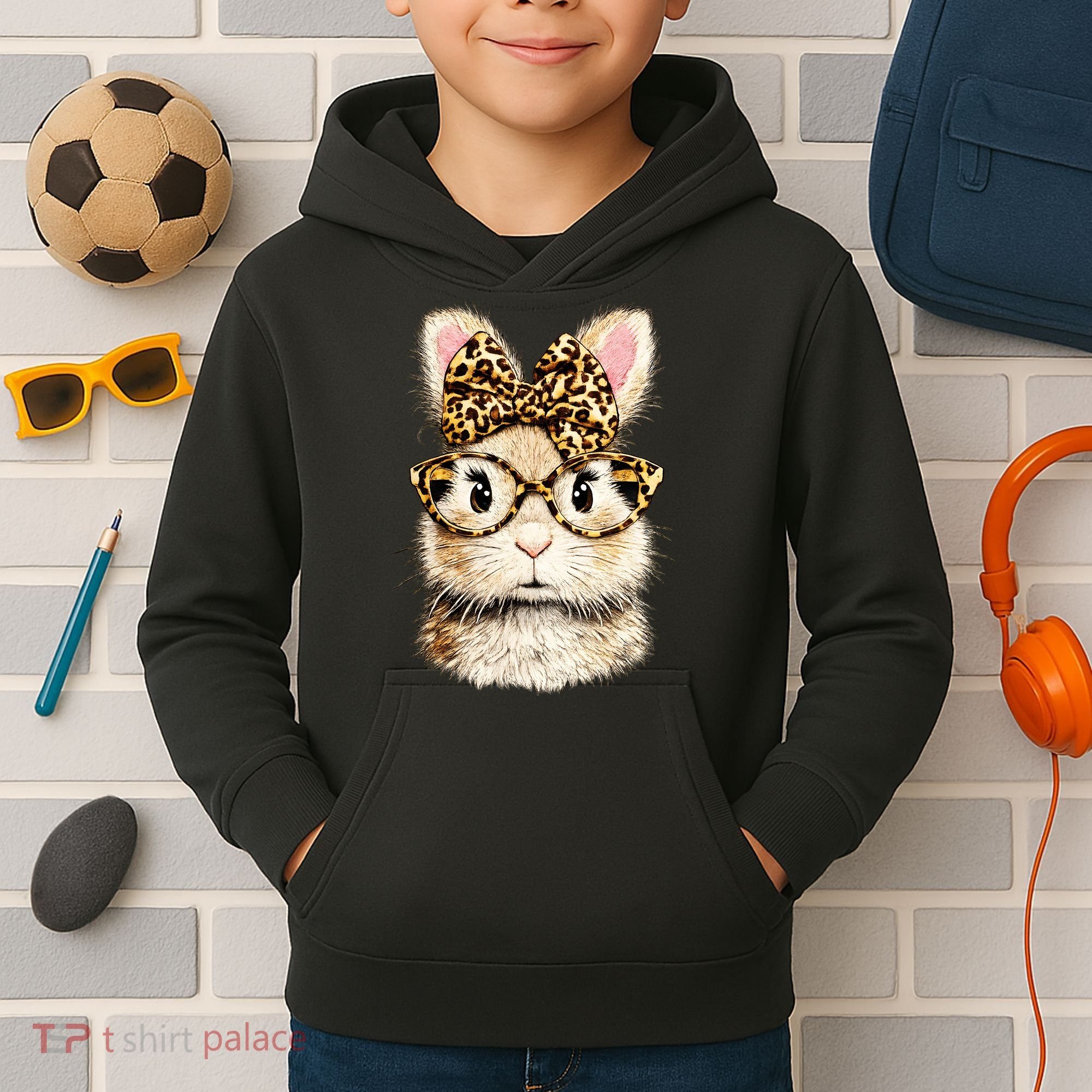 Funny Bunny Face Glasses Leopard Rabbit Easter Kids Hoodie