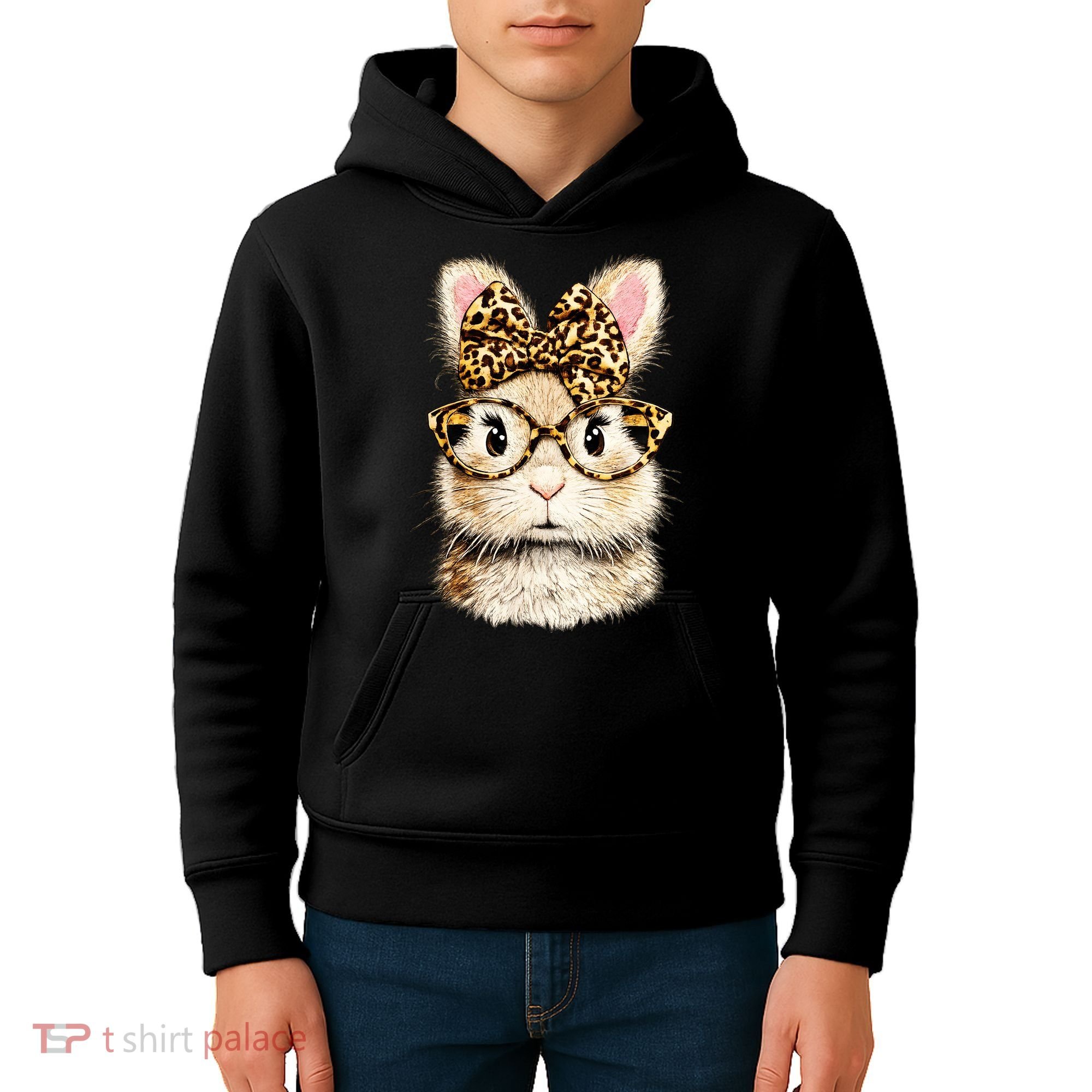 Funny Bunny Face Glasses Leopard Rabbit Easter Kids Hoodie