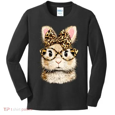 Funny Bunny Face Glasses Leopard Rabbit Easter Kids Long Sleeve Shirt