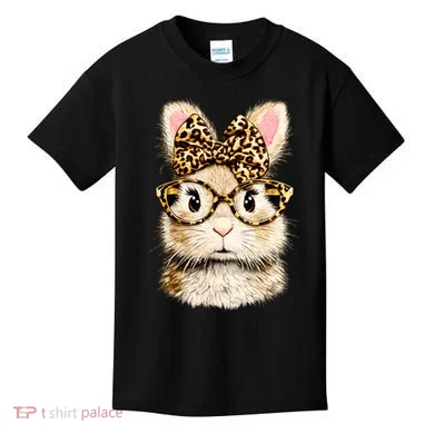 Funny Bunny Face Glasses Leopard Rabbit Easter Kids T-Shirt