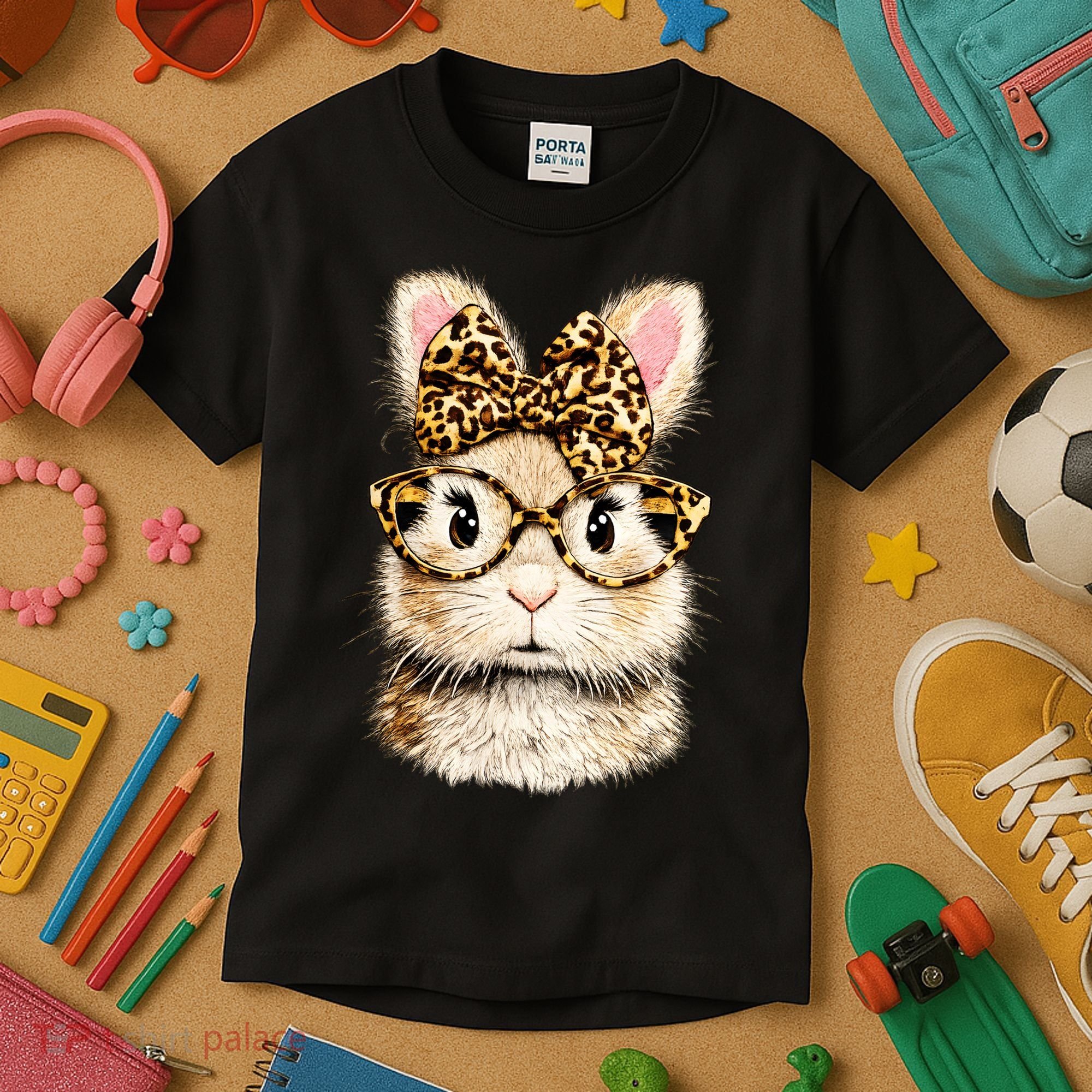Funny Bunny Face Glasses Leopard Rabbit Easter Kids T-Shirt