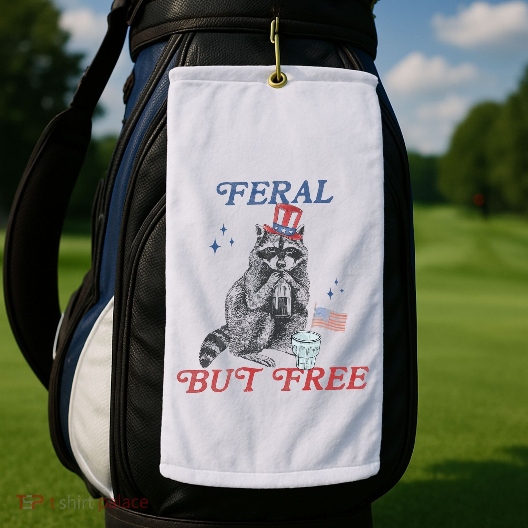 Feral But Free Funny Racoon 4th Of July Golf Towel