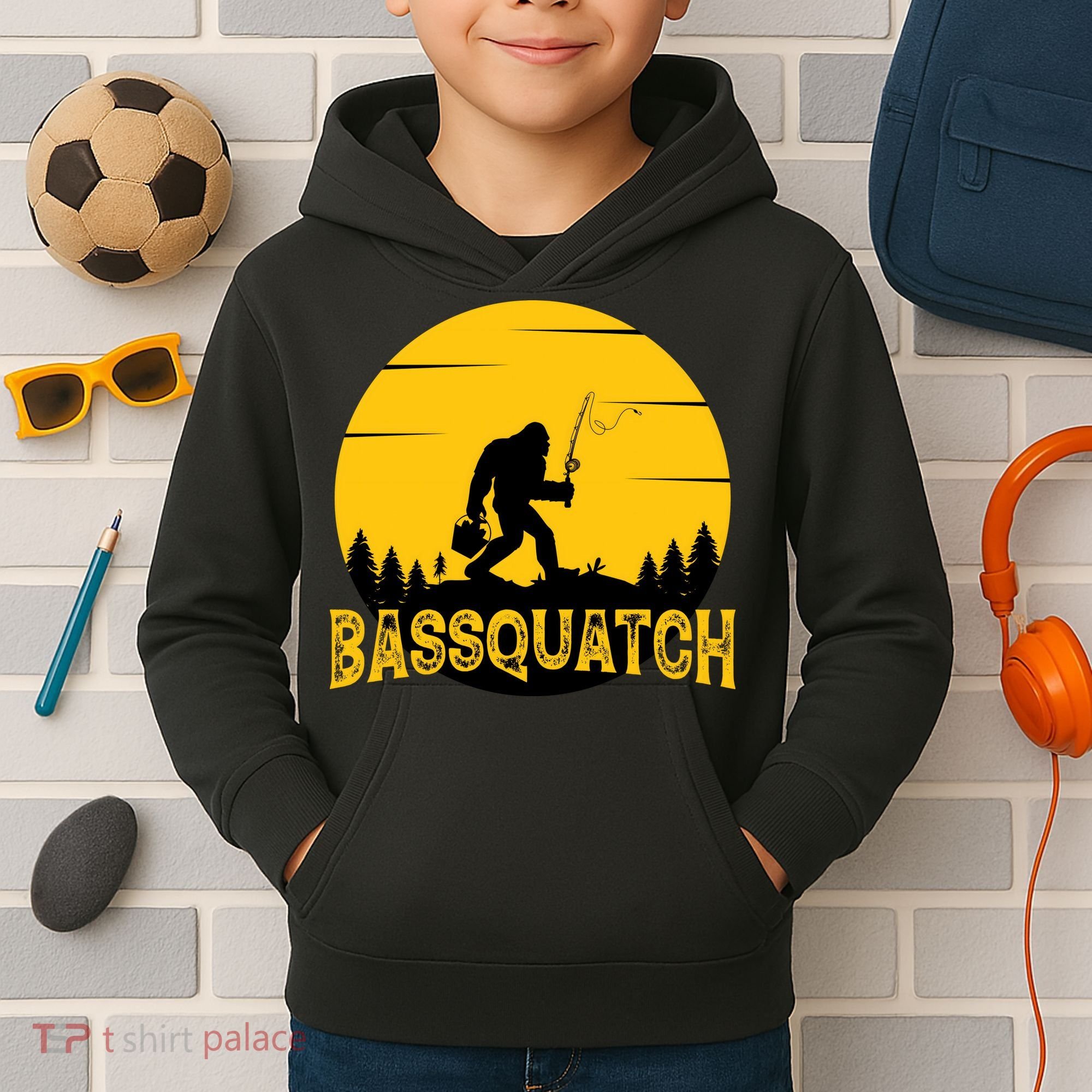 Funny Bassquatch Fishing Kids Hoodie
