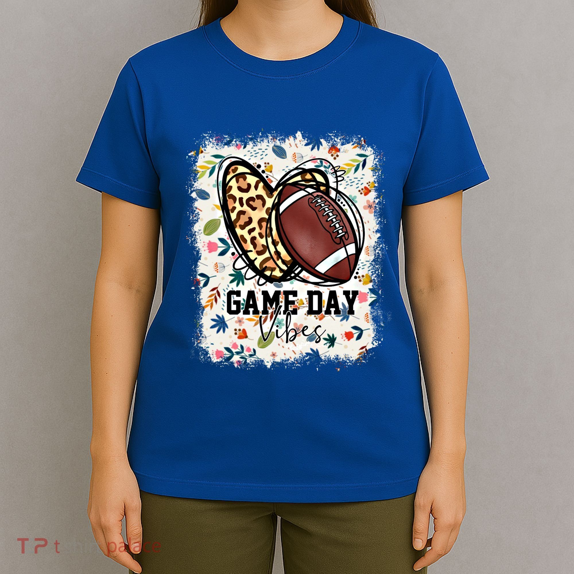 Floral Bleached Football Game Day Vibes Football Mom Gift T-Shirt