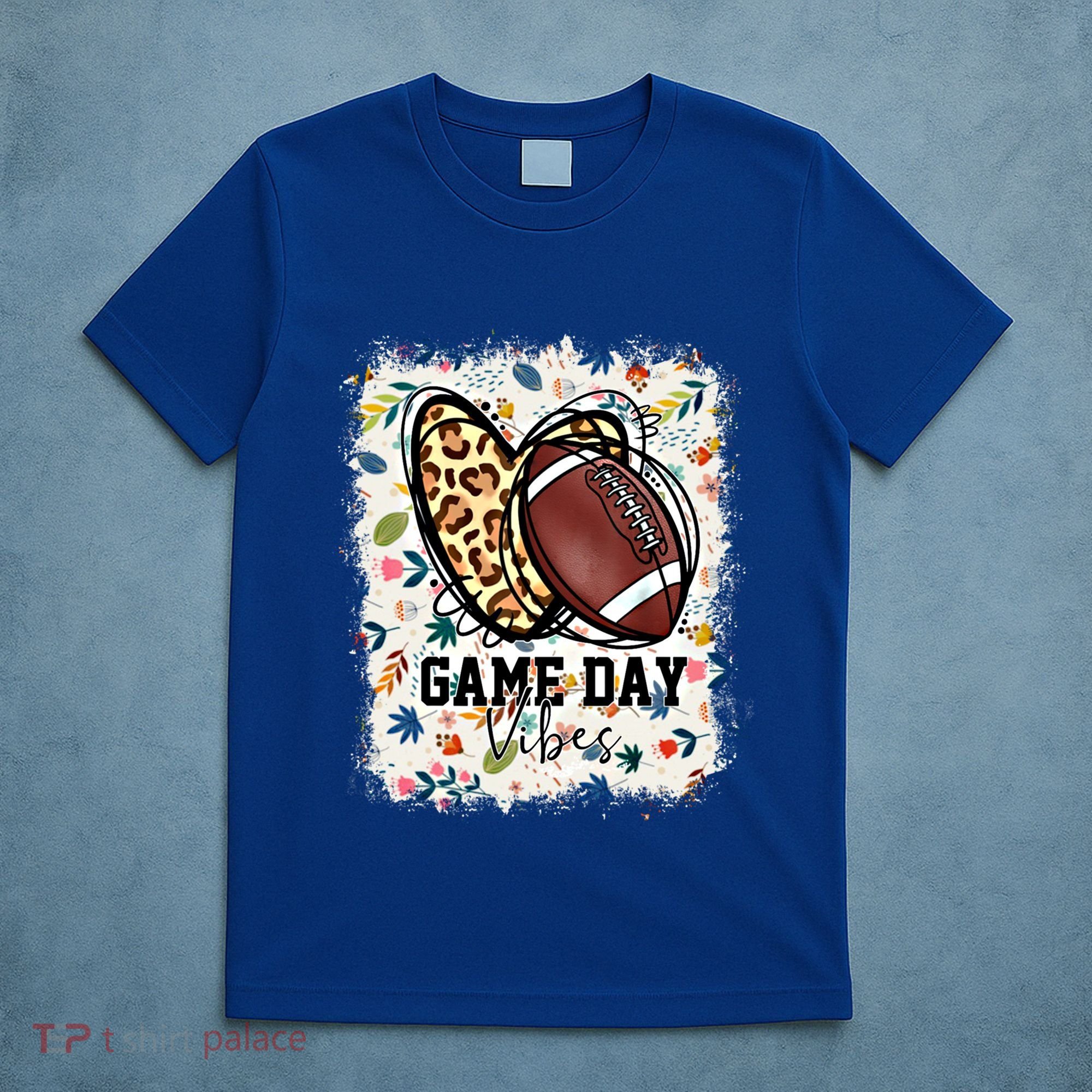 Floral Bleached Football Game Day Vibes Football Mom Gift T-Shirt
