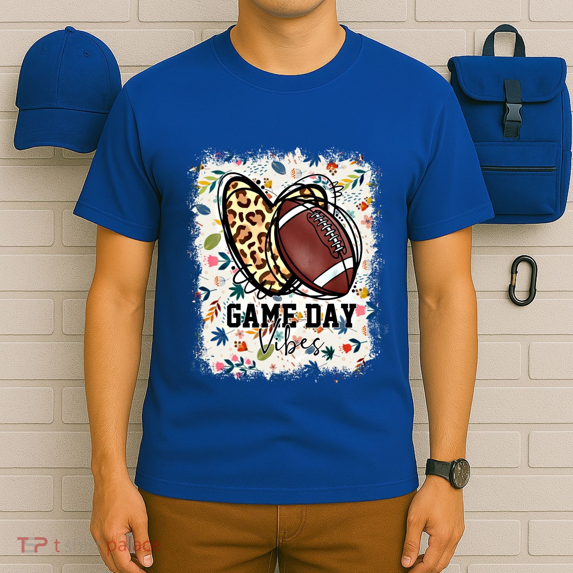 Floral Bleached Football Game Day Vibes Football Mom Gift T-Shirt