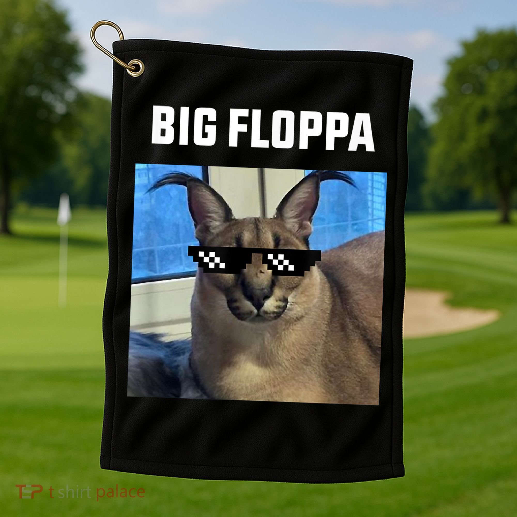 Funny Big Floppa Wearing Meme Sunglasses Golf Towel