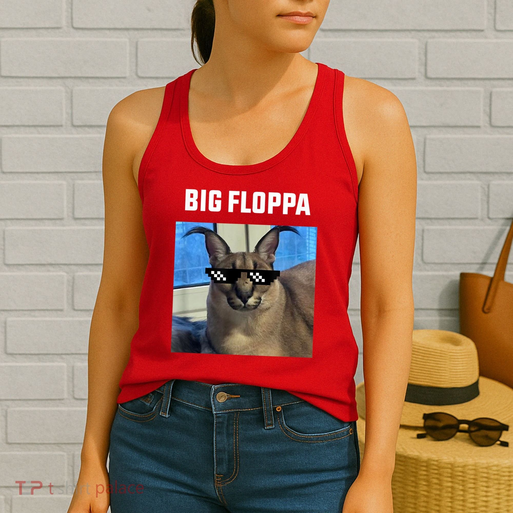 Funny Big Floppa Wearing Meme Sunglasses Women's Tank Top