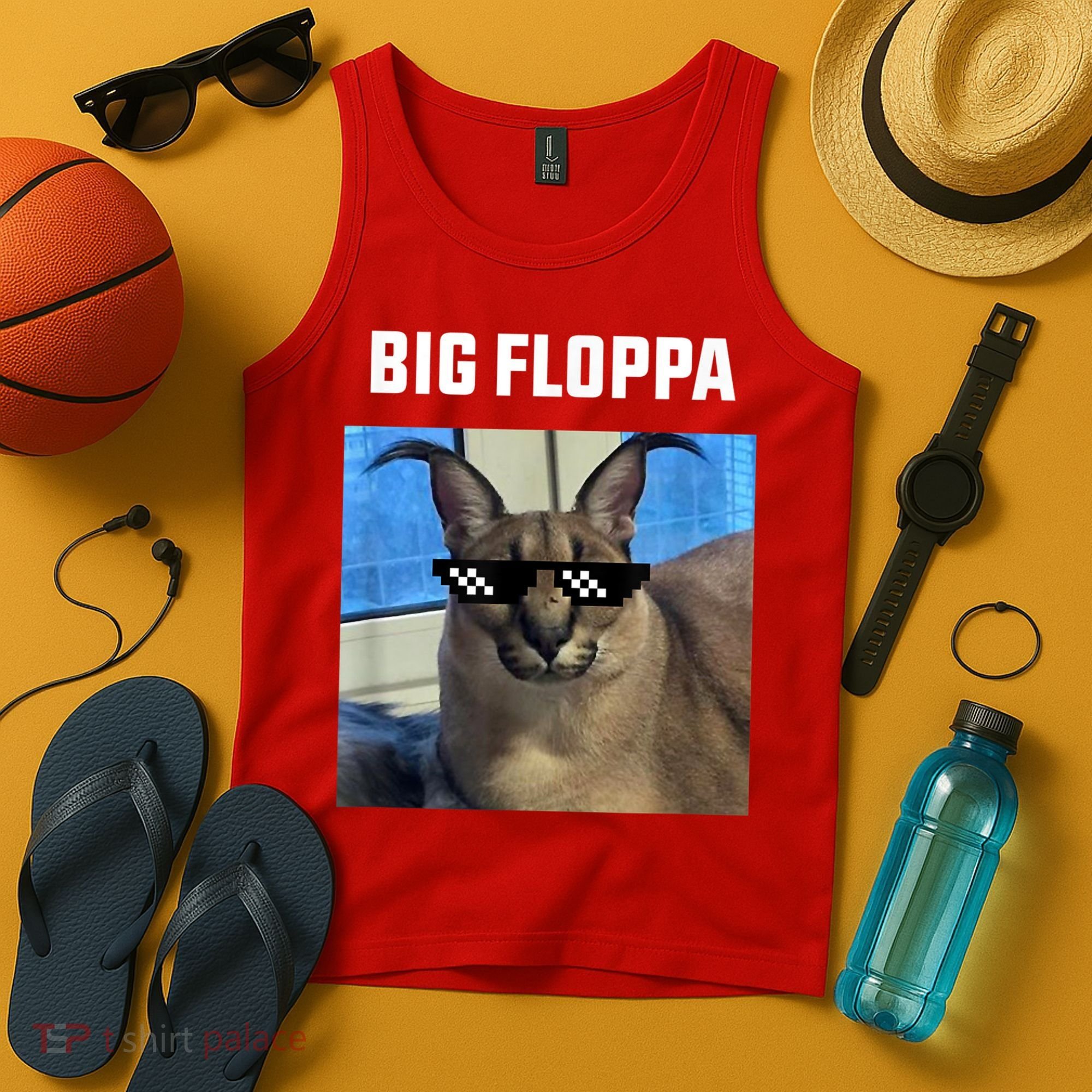 Funny Big Floppa Wearing Meme Sunglasses Tank Top