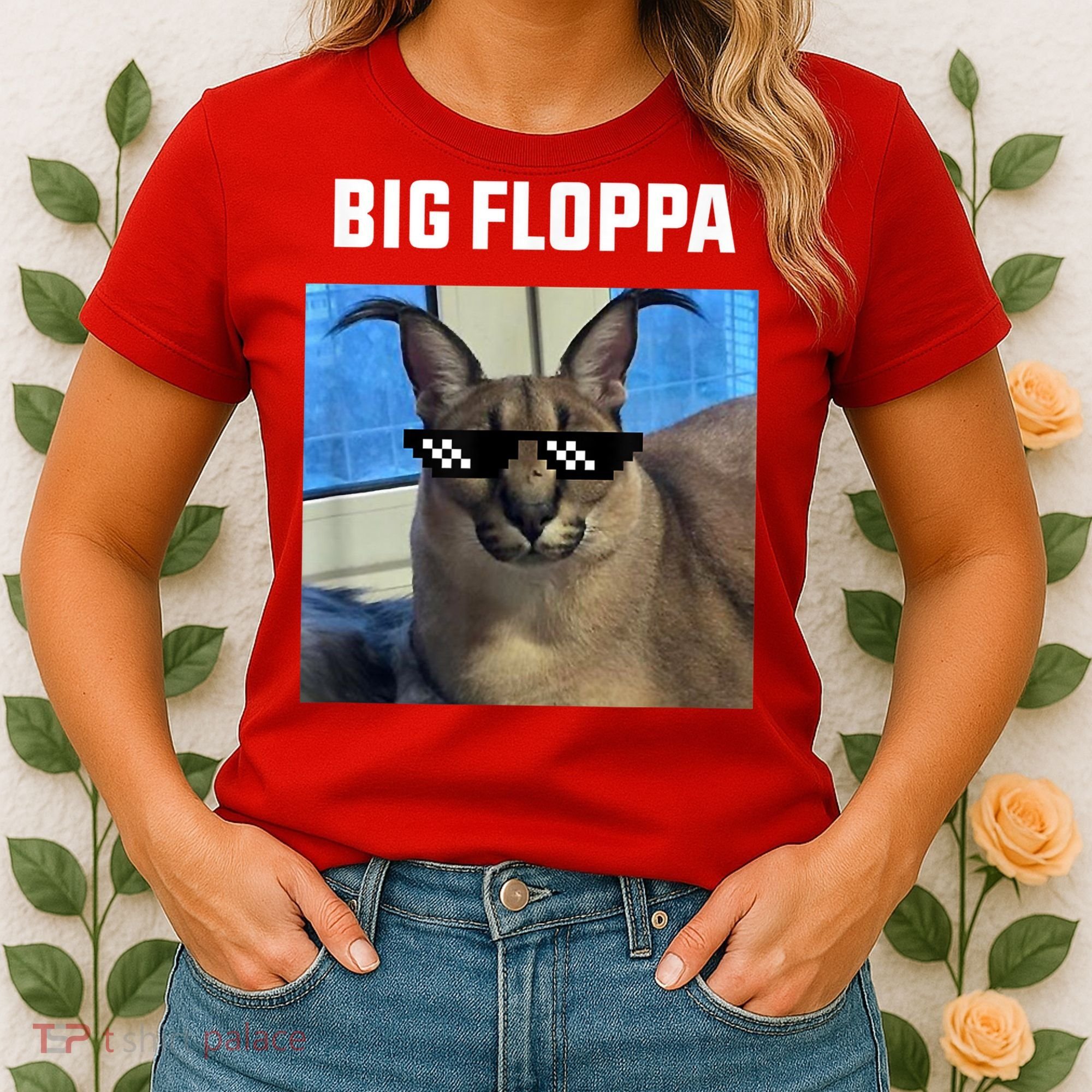 Funny Big Floppa Wearing Meme Sunglasses Women's T-Shirt