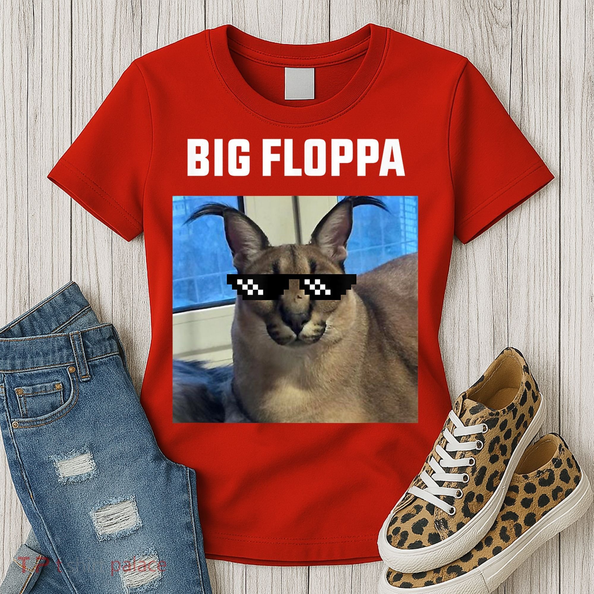 Funny Big Floppa Wearing Meme Sunglasses Women's T-Shirt