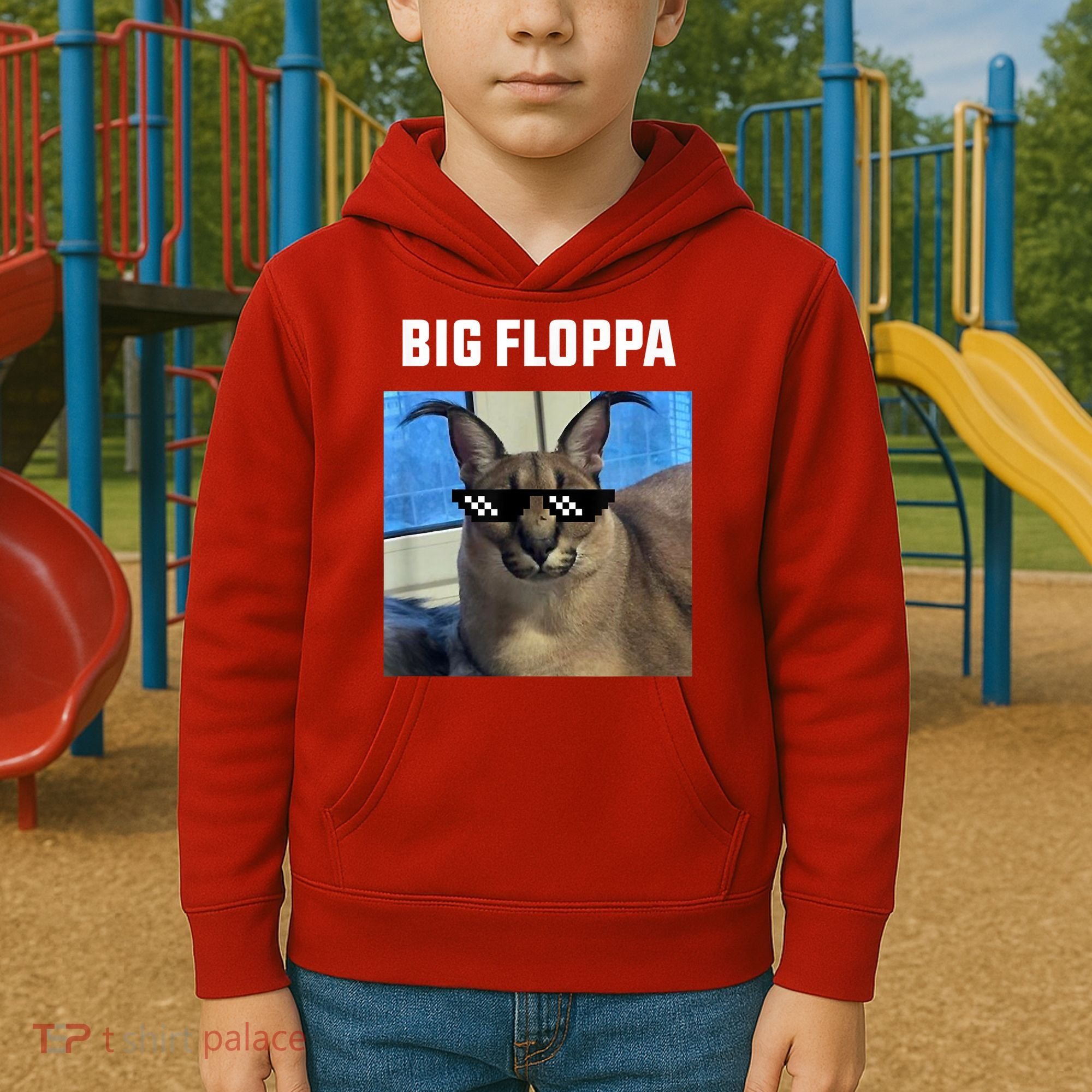 Funny Big Floppa Wearing Meme Sunglasses Kids Hoodie