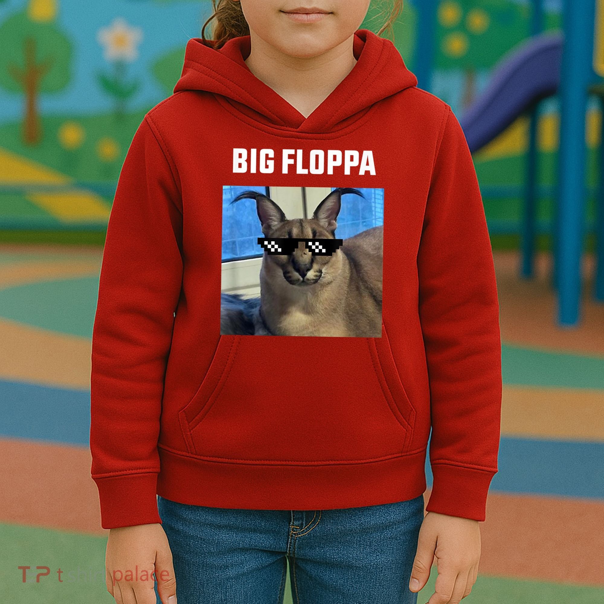 Funny Big Floppa Wearing Meme Sunglasses Kids Hoodie