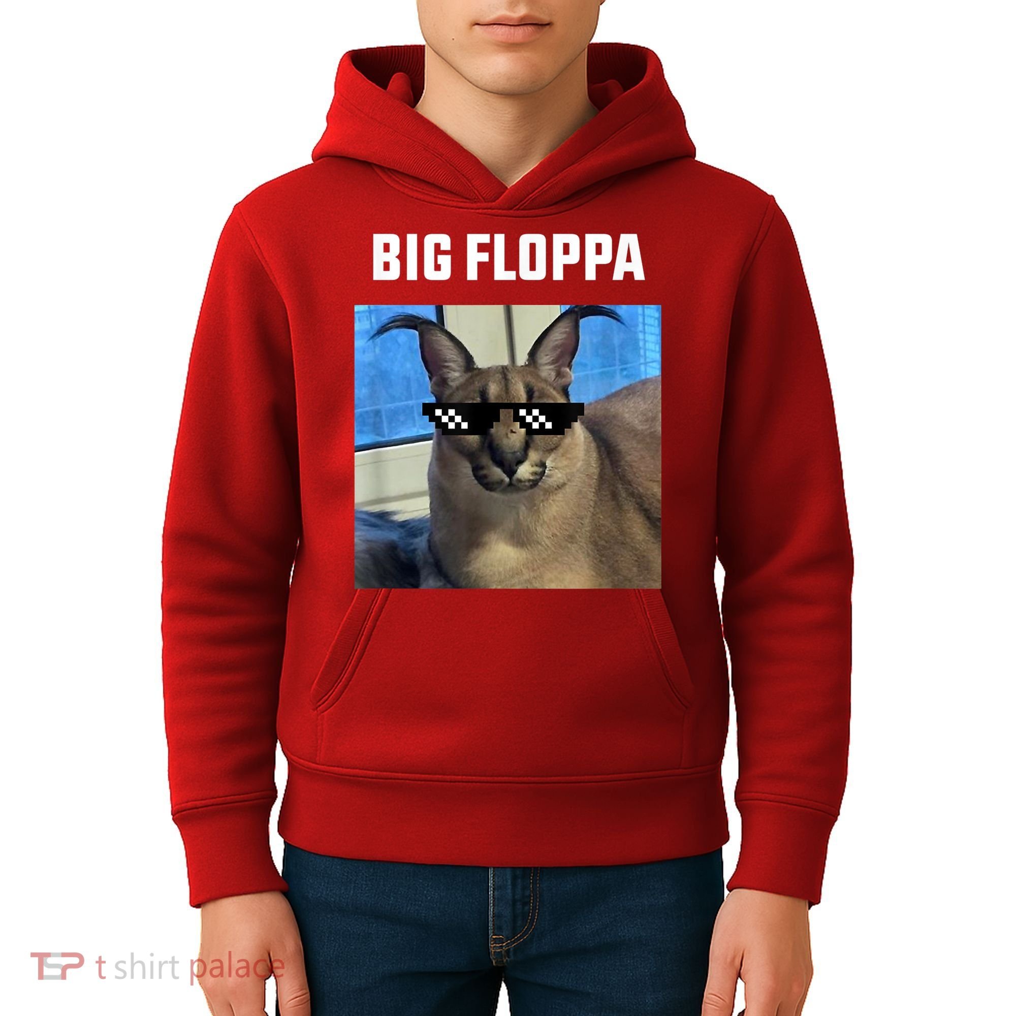 Funny Big Floppa Wearing Meme Sunglasses Kids Hoodie