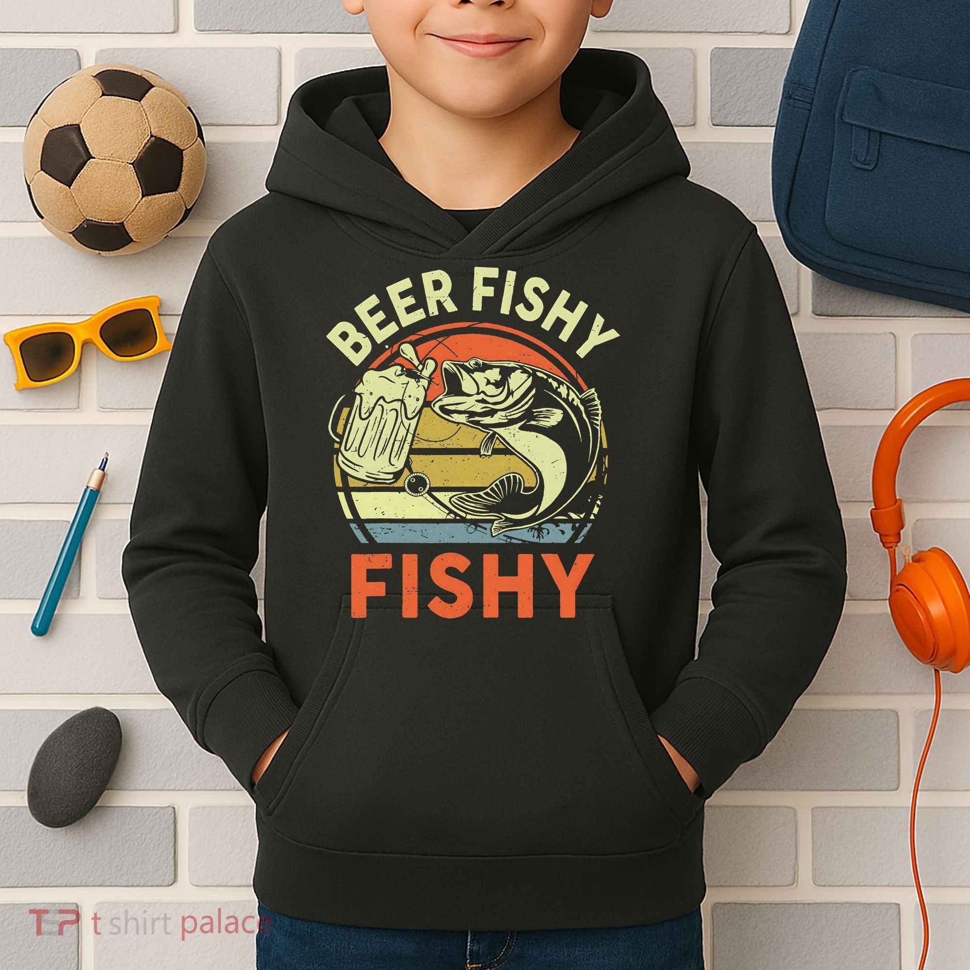 funny Bass Fishing Beer Fishy Reel Cool Dad Kids Hoodie