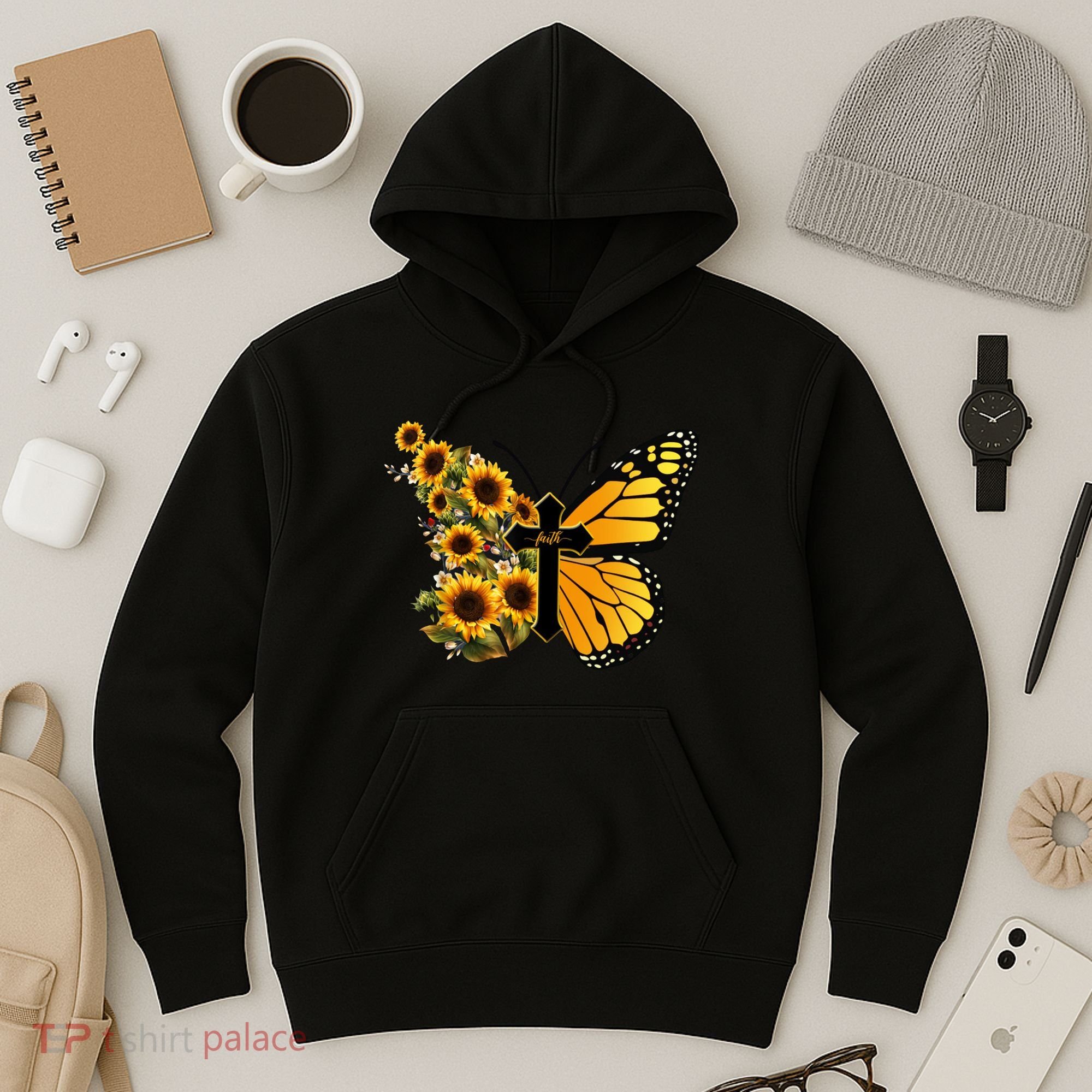 Floral Butterfly Faith Cross Hoodie
