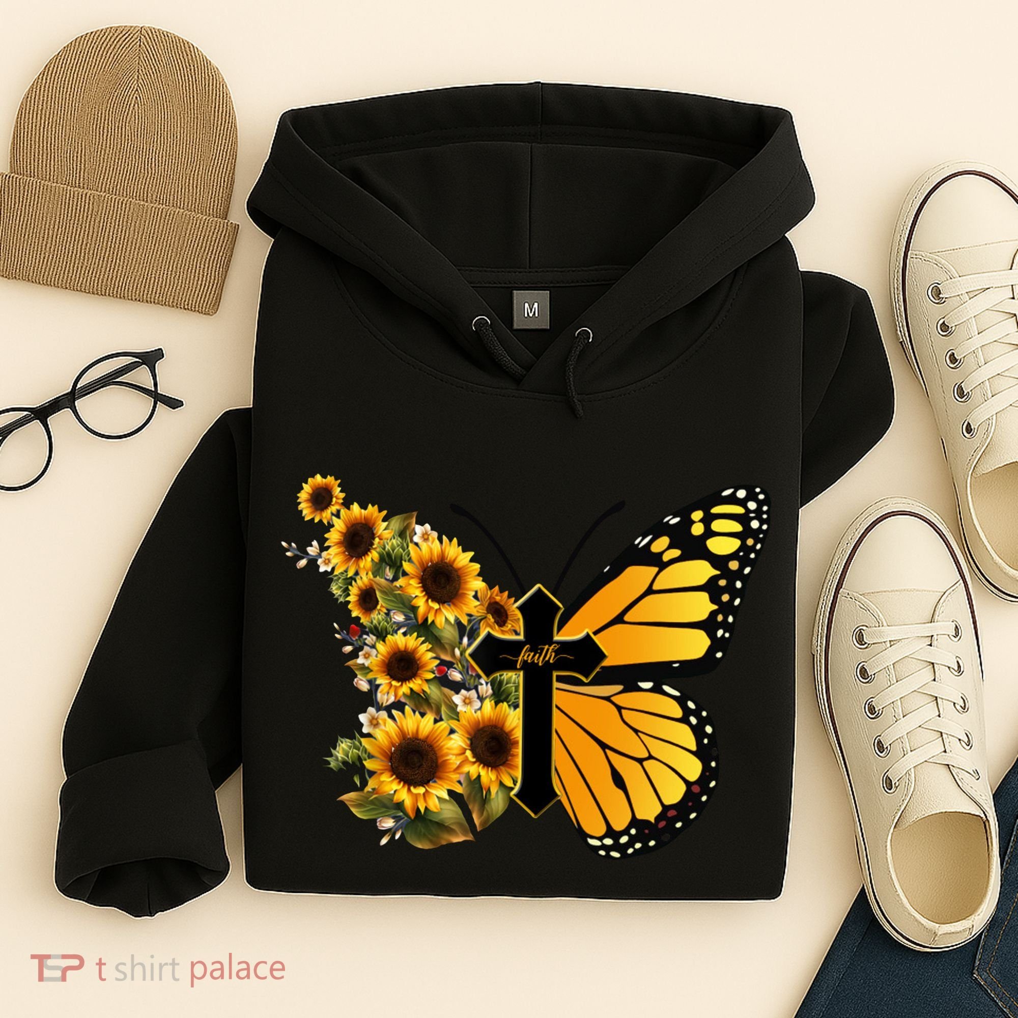 Floral Butterfly Faith Cross Hoodie