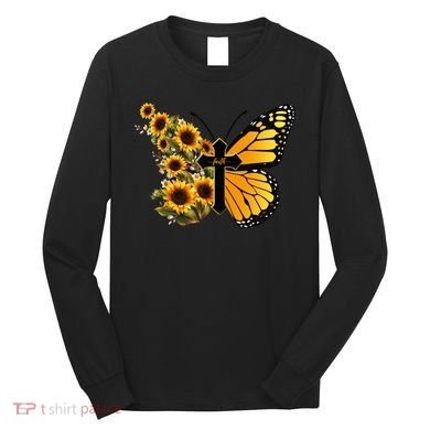 Floral Butterfly Faith Cross Long Sleeve Shirt