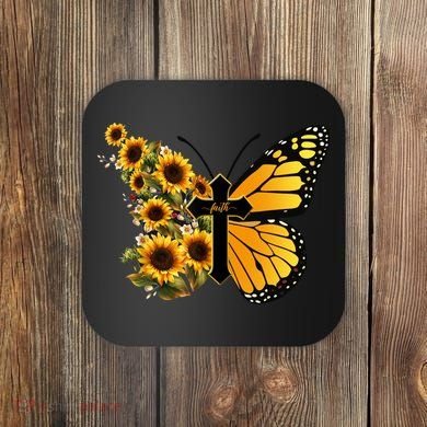 Floral Butterfly Faith Cross Coaster