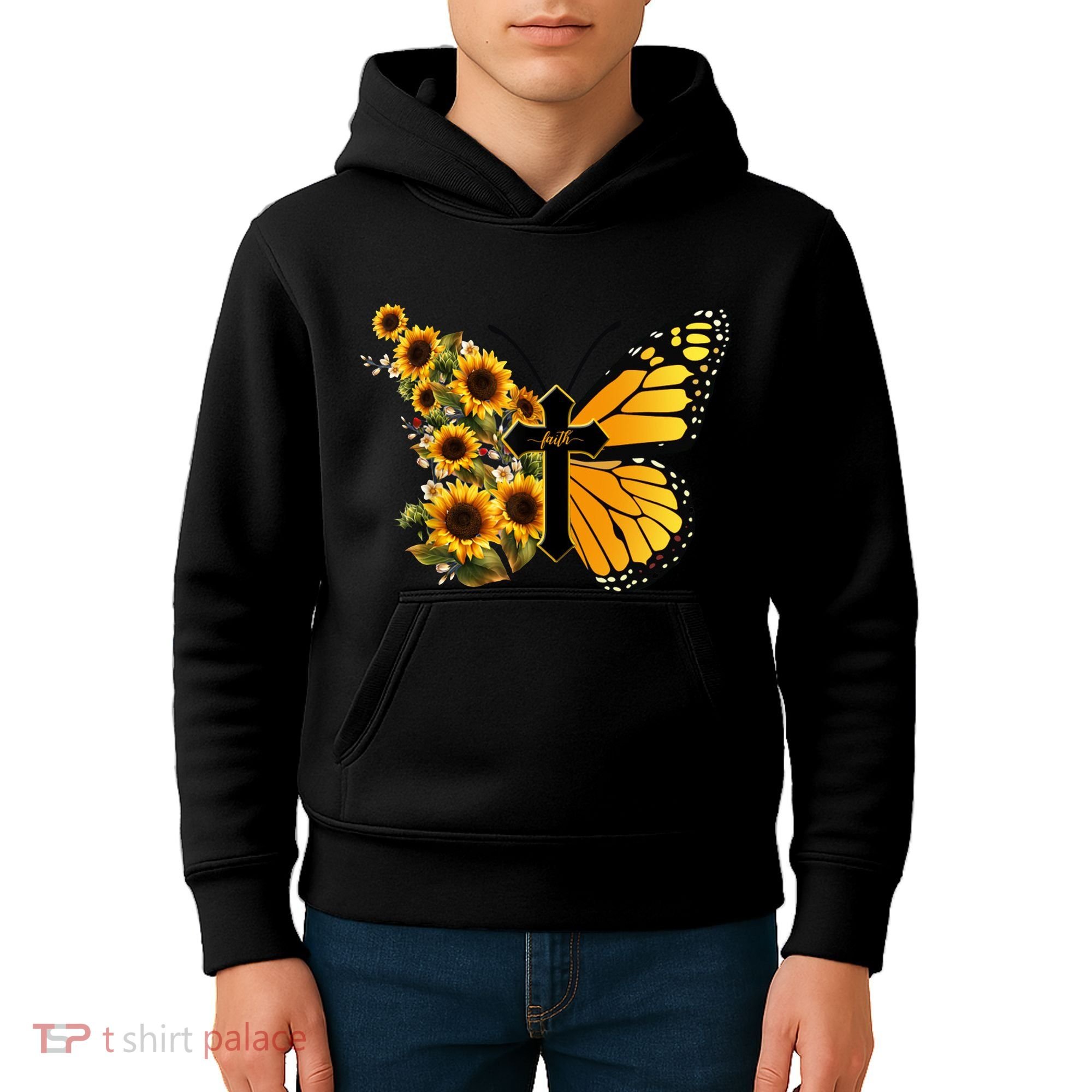 Floral Butterfly Faith Cross Kids Hoodie