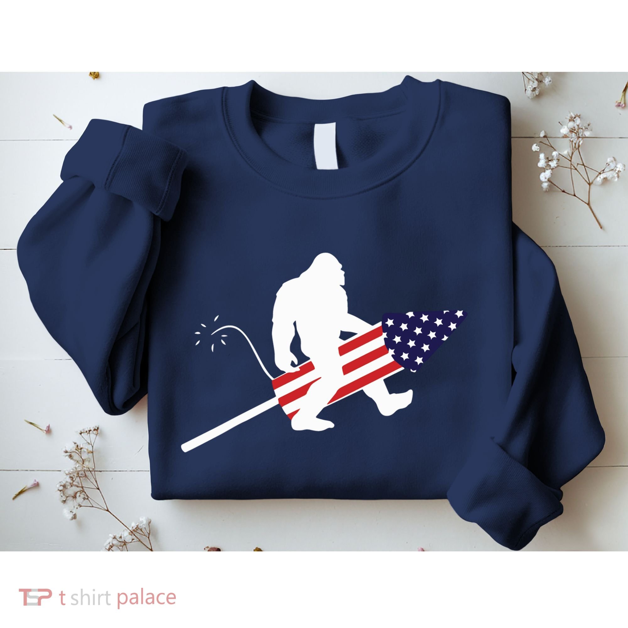Men  Bigfoot Fireworks 4th of July American Flag US Sweatshirt