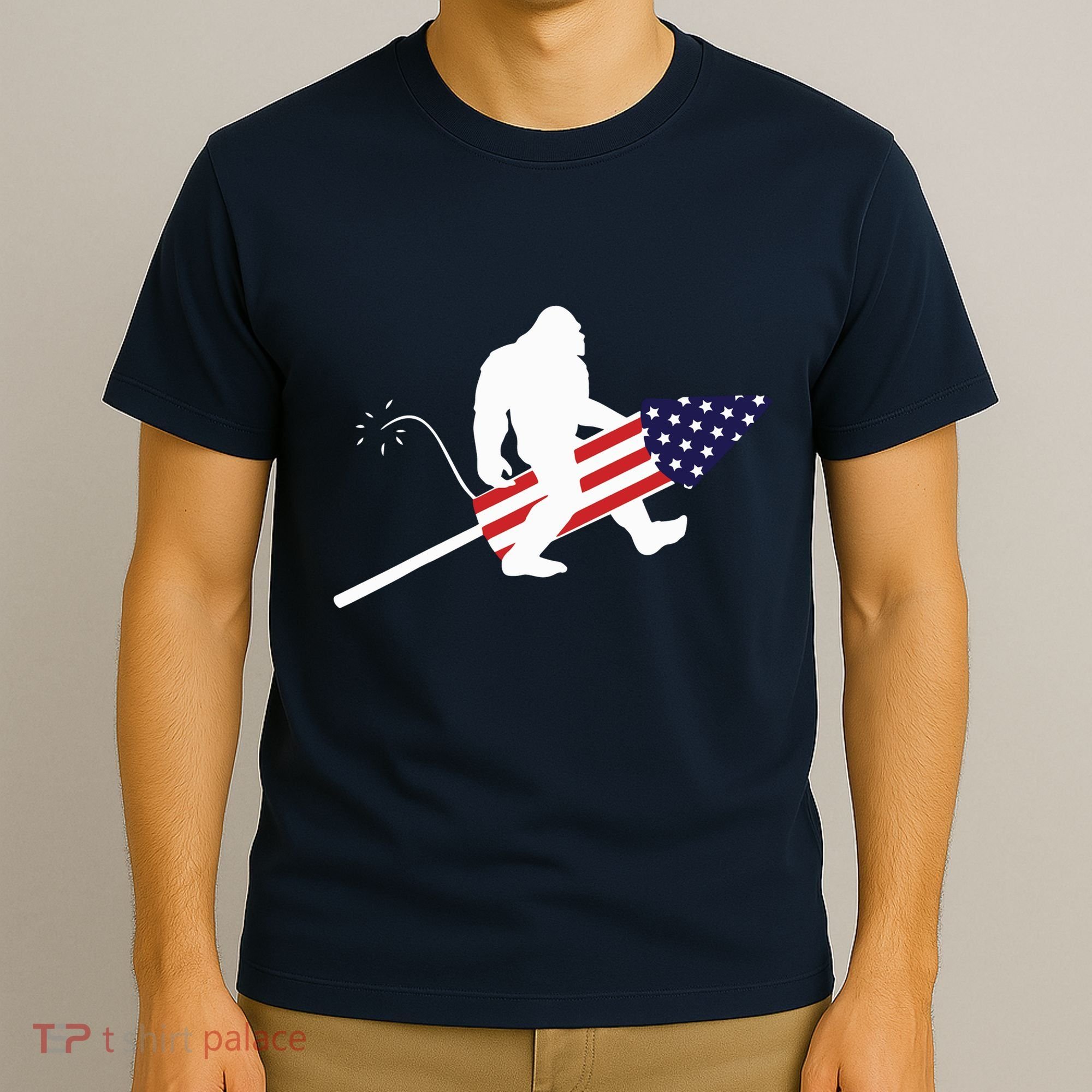 Men  Bigfoot Fireworks 4th of July American Flag US T-Shirt