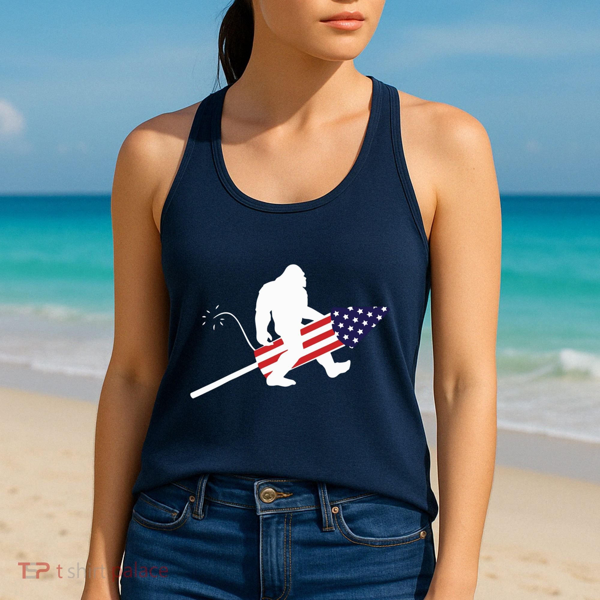 Men  Bigfoot Fireworks 4th of July American Flag US Women's Tank Top