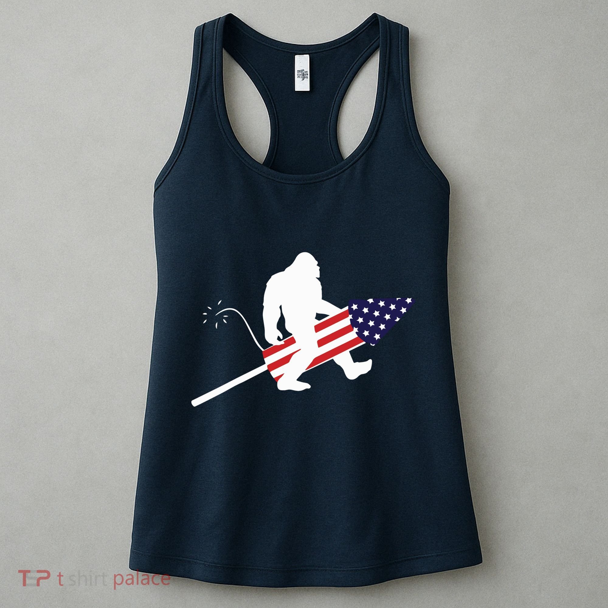 Men  Bigfoot Fireworks 4th of July American Flag US Women's Tank Top