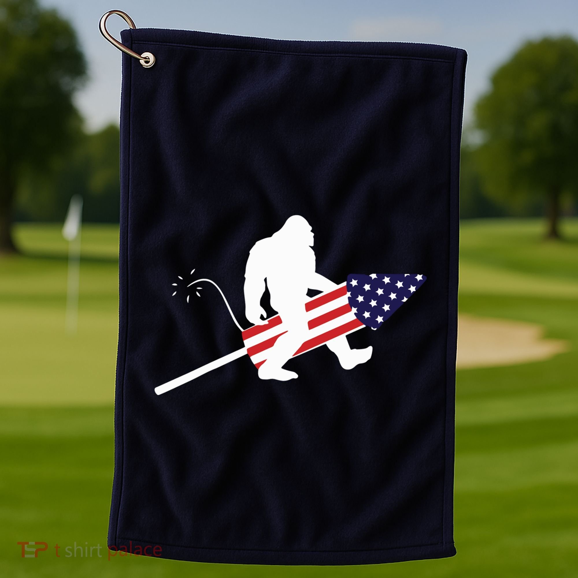 Men  Bigfoot Fireworks 4th of July American Flag US Golf Towel