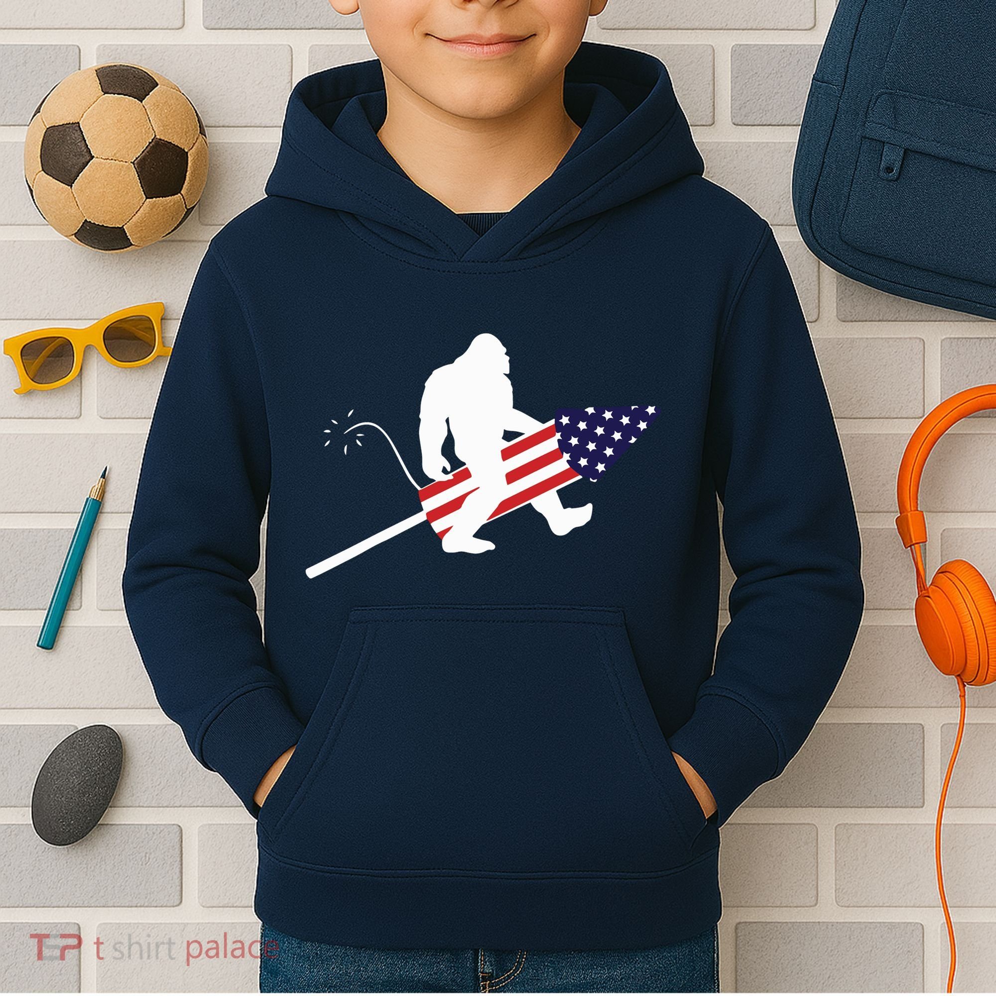 Men  Bigfoot Fireworks 4th of July American Flag US Kids Hoodie