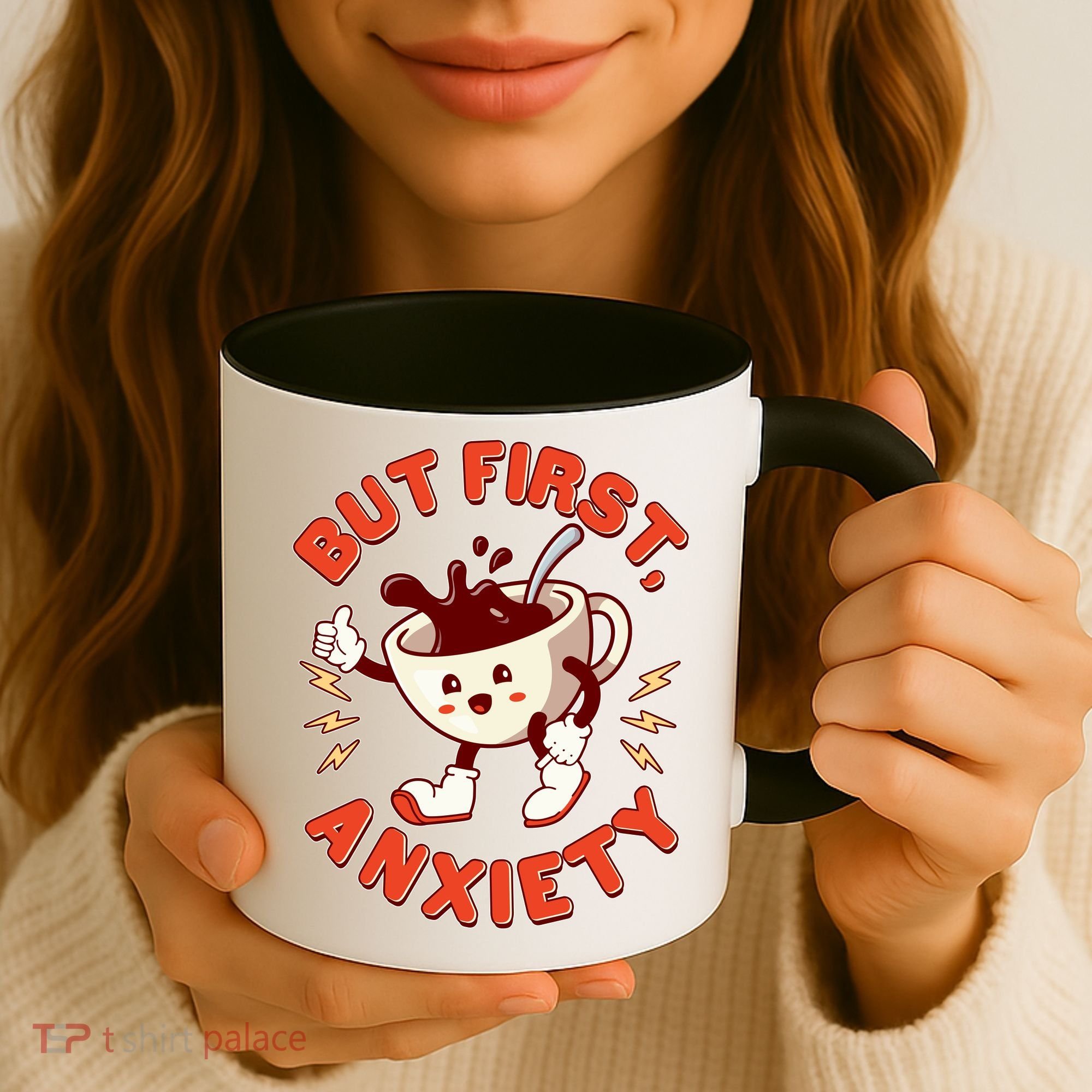 Funny But First Anxiety Cute Cartoon Coffee Coffee Mug