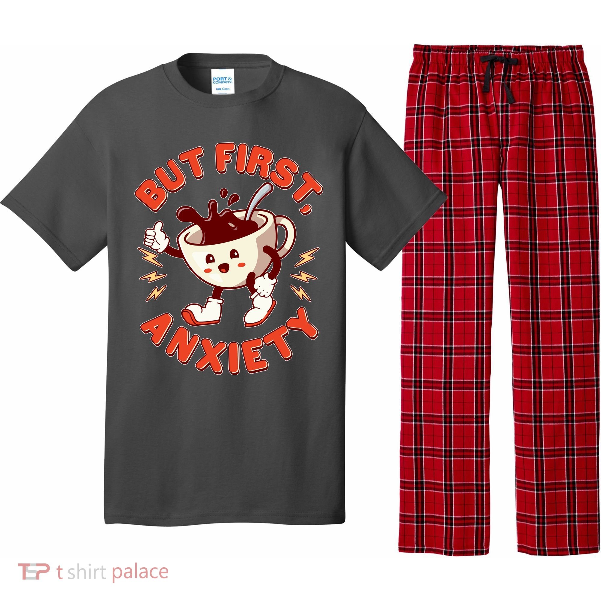 Funny But First Anxiety Cute Cartoon Coffee Pajama Set